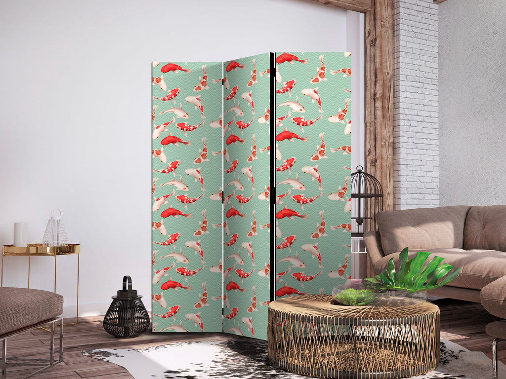 Room Divider with Koi Fish Pattern in Orange-Cream on Green-Mint Background