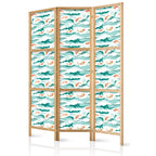 Japanese Room Divider with Fish and Waves in Sea Green