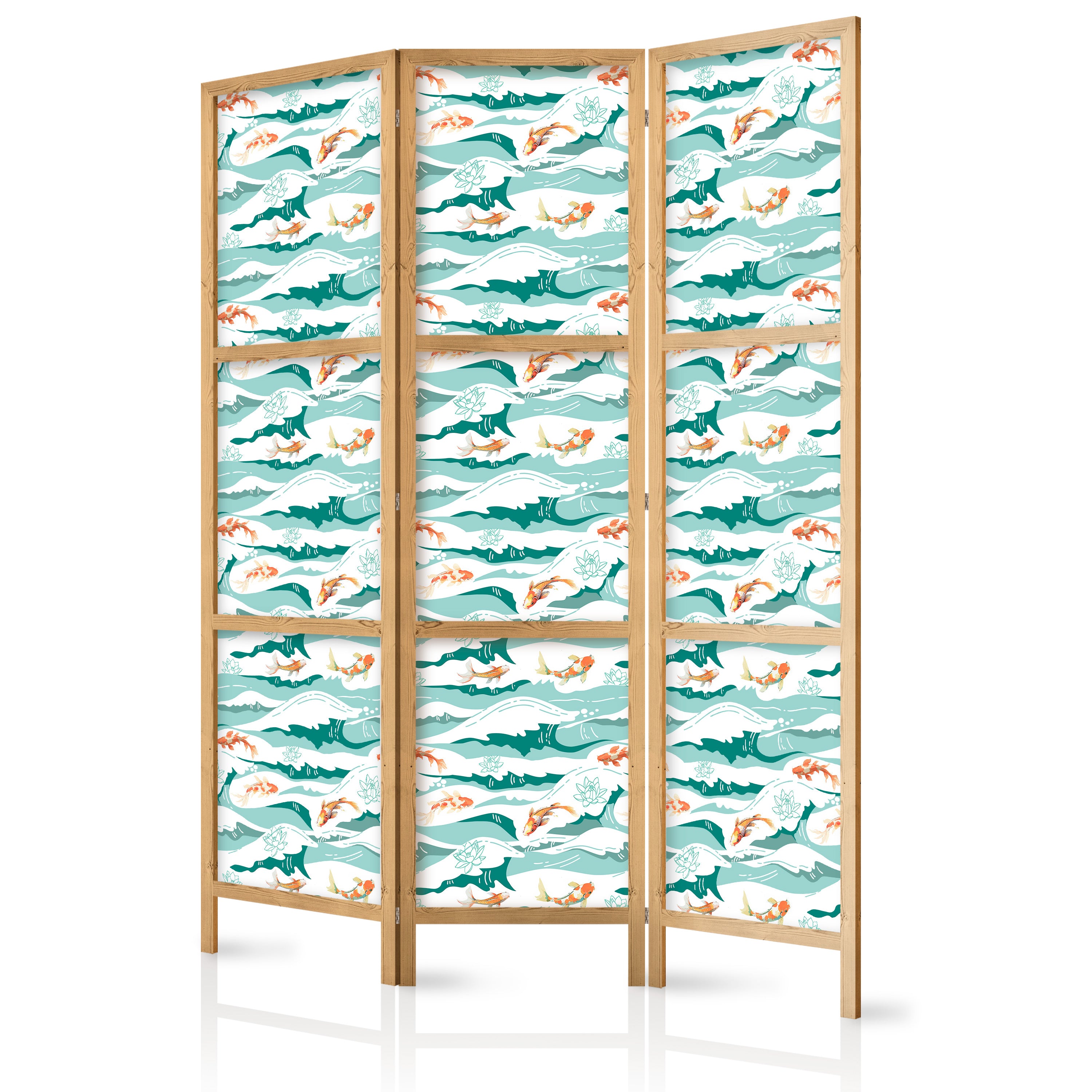 Japanese Room Divider with Fish and Waves in Sea Green