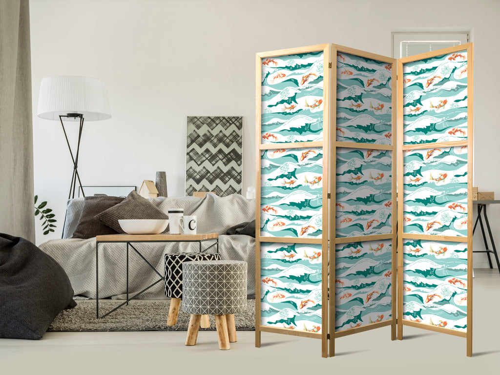Japanese Room Divider with Fish and Waves in Sea Green