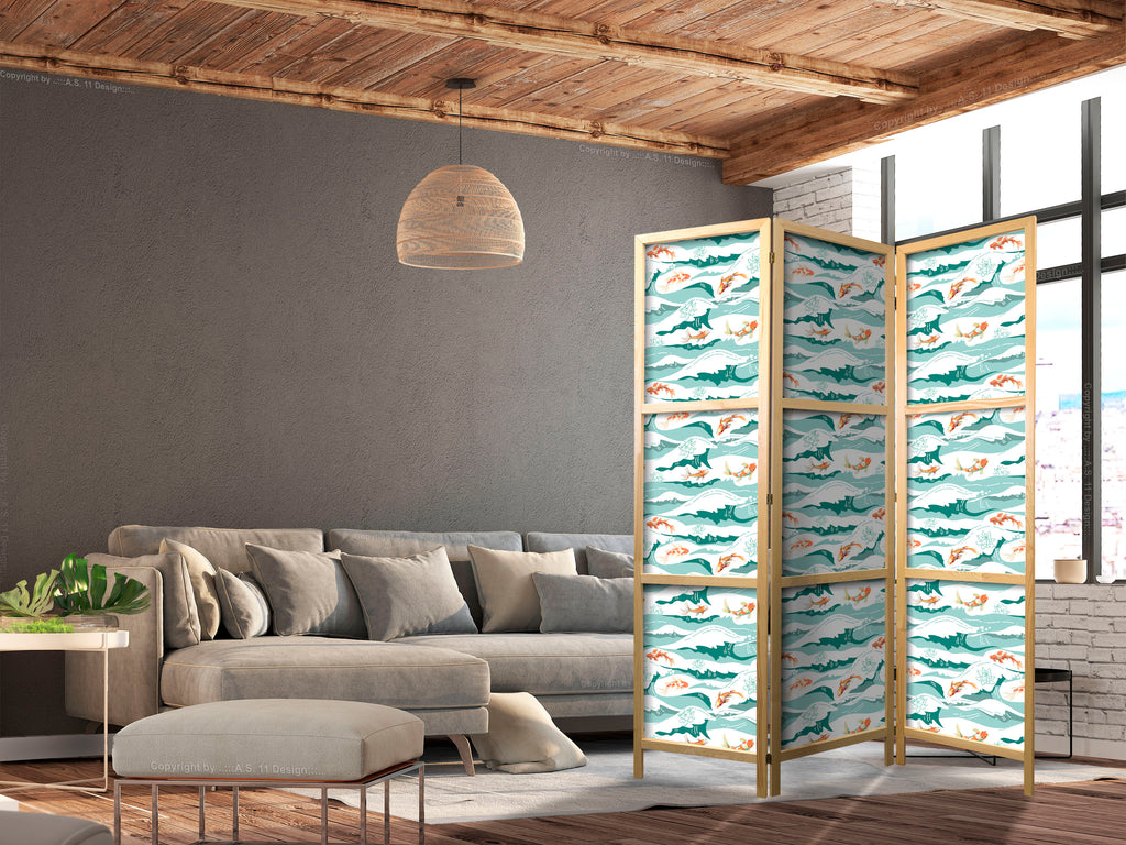 Japanese Room Divider with Fish and Waves in Sea Green