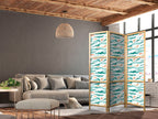 Japanese Room Divider with Fish and Waves in Sea Green