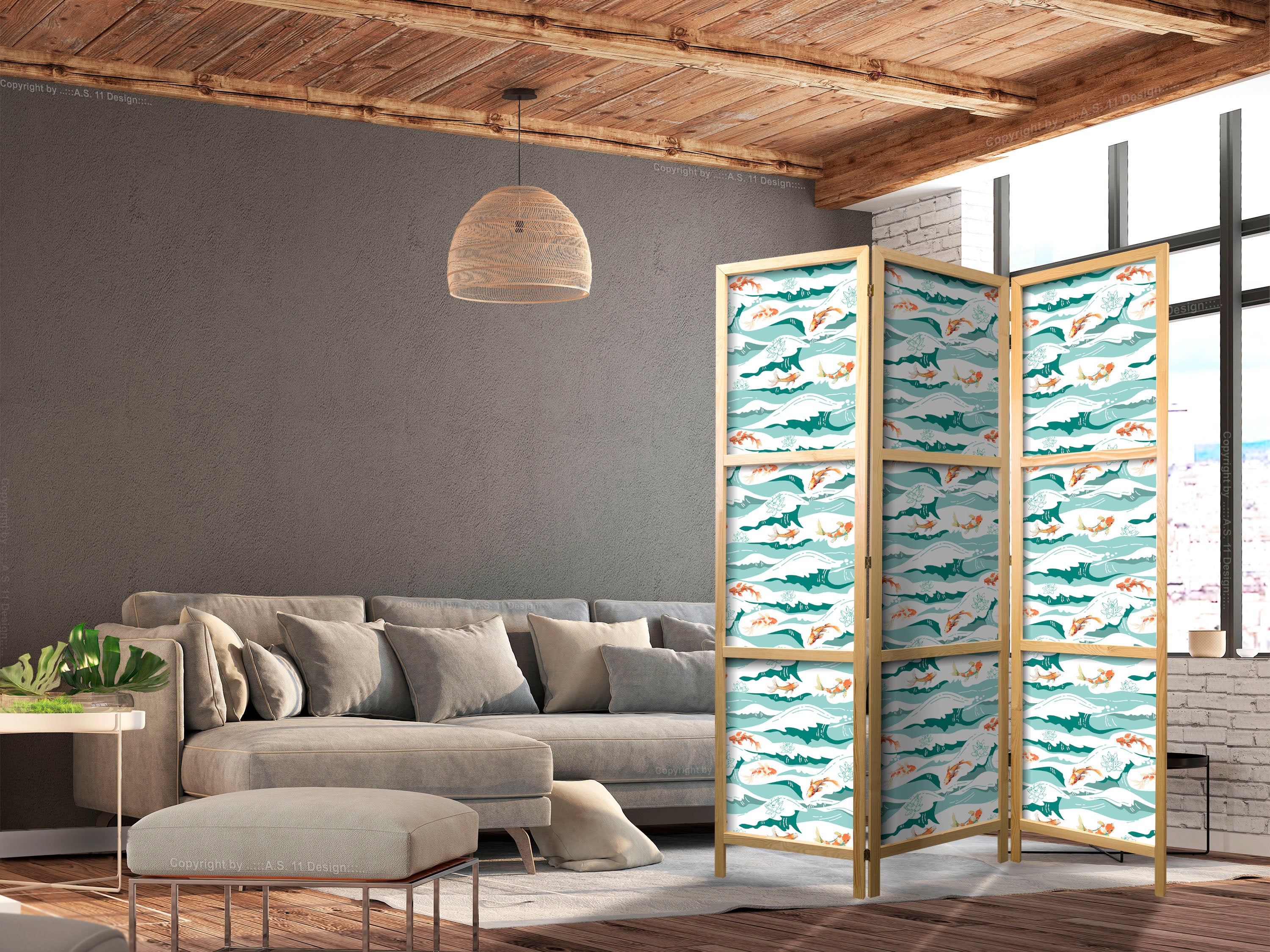Japanese Room Divider with Fish and Waves in Sea Green