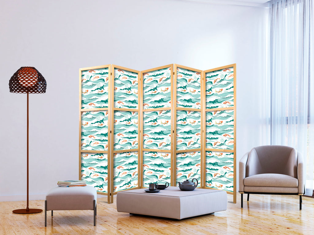 Japanese Room Divider 5-Panel Animals with Fish and Water Lilies in Sea Green
