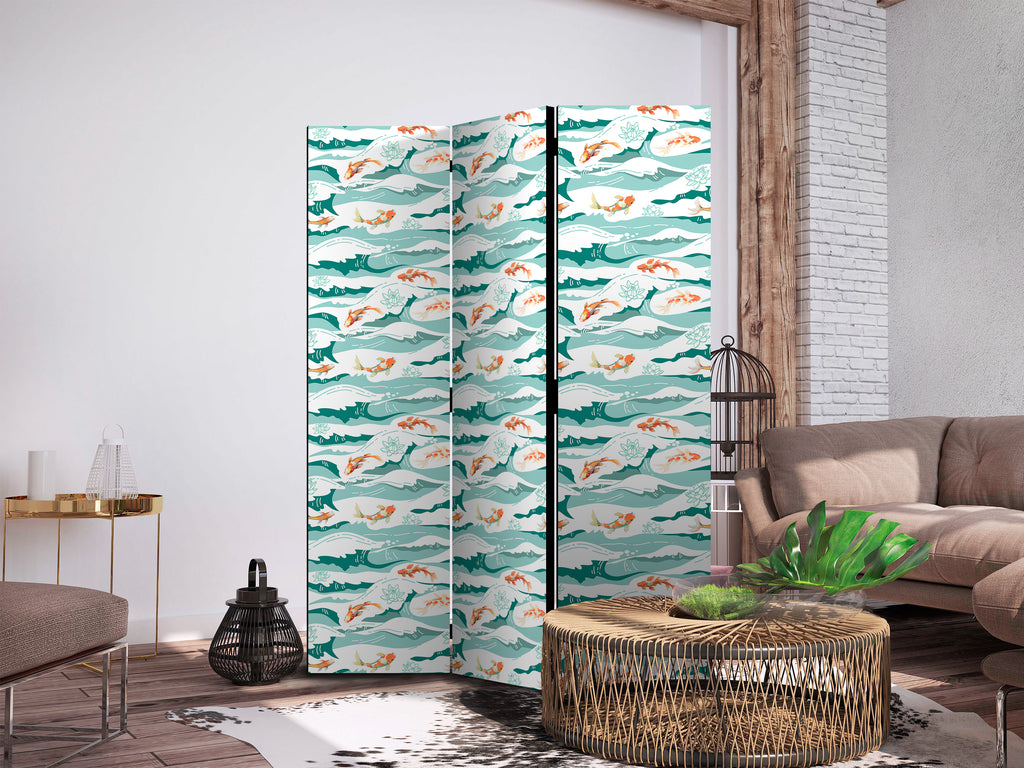 Room Divider - Fish Leaping Above the Waves, 3-panel Animals - Sea Green