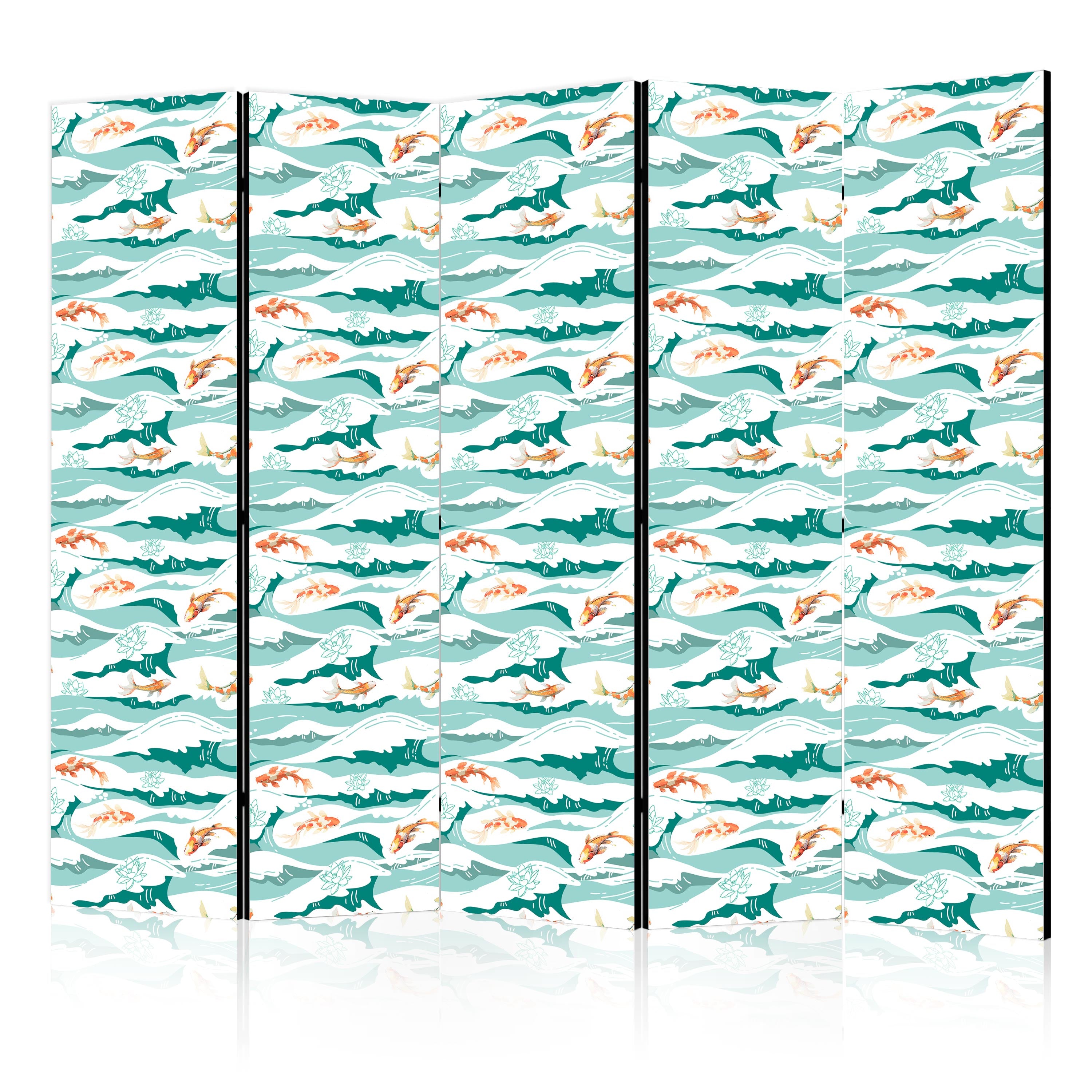 Room Divider - Fish Jumping Above The Waves, Oriental Fish & Water Lilies