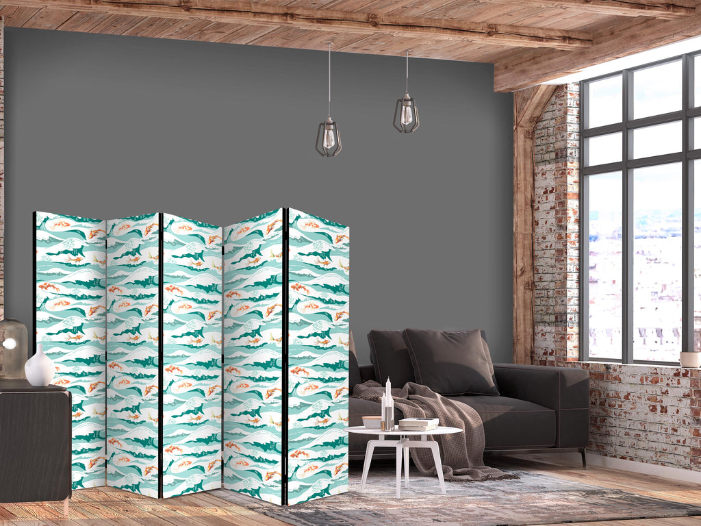 Room Divider - Fish Jumping Above The Waves, Oriental Fish & Water Lilies