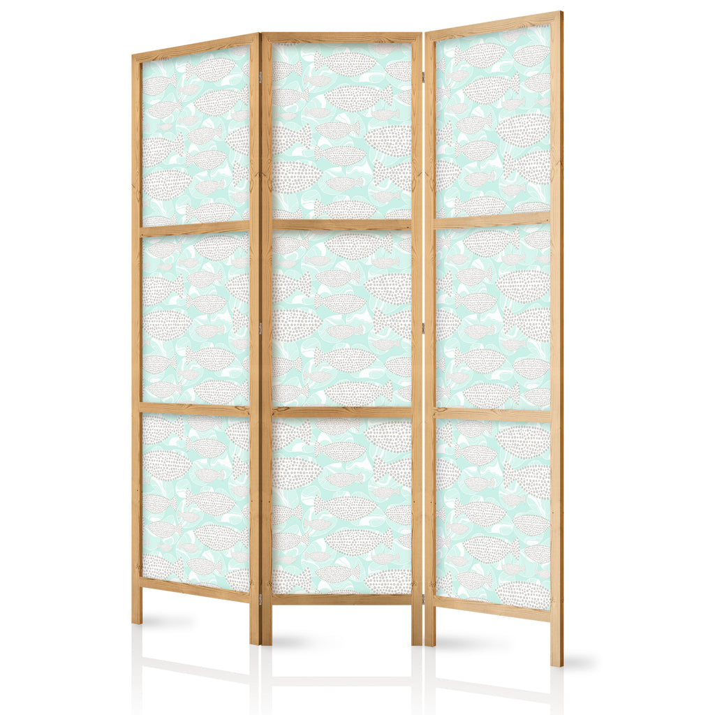 Japanese Room Divider - 3-Panel Minimalist Fish in Mint Green