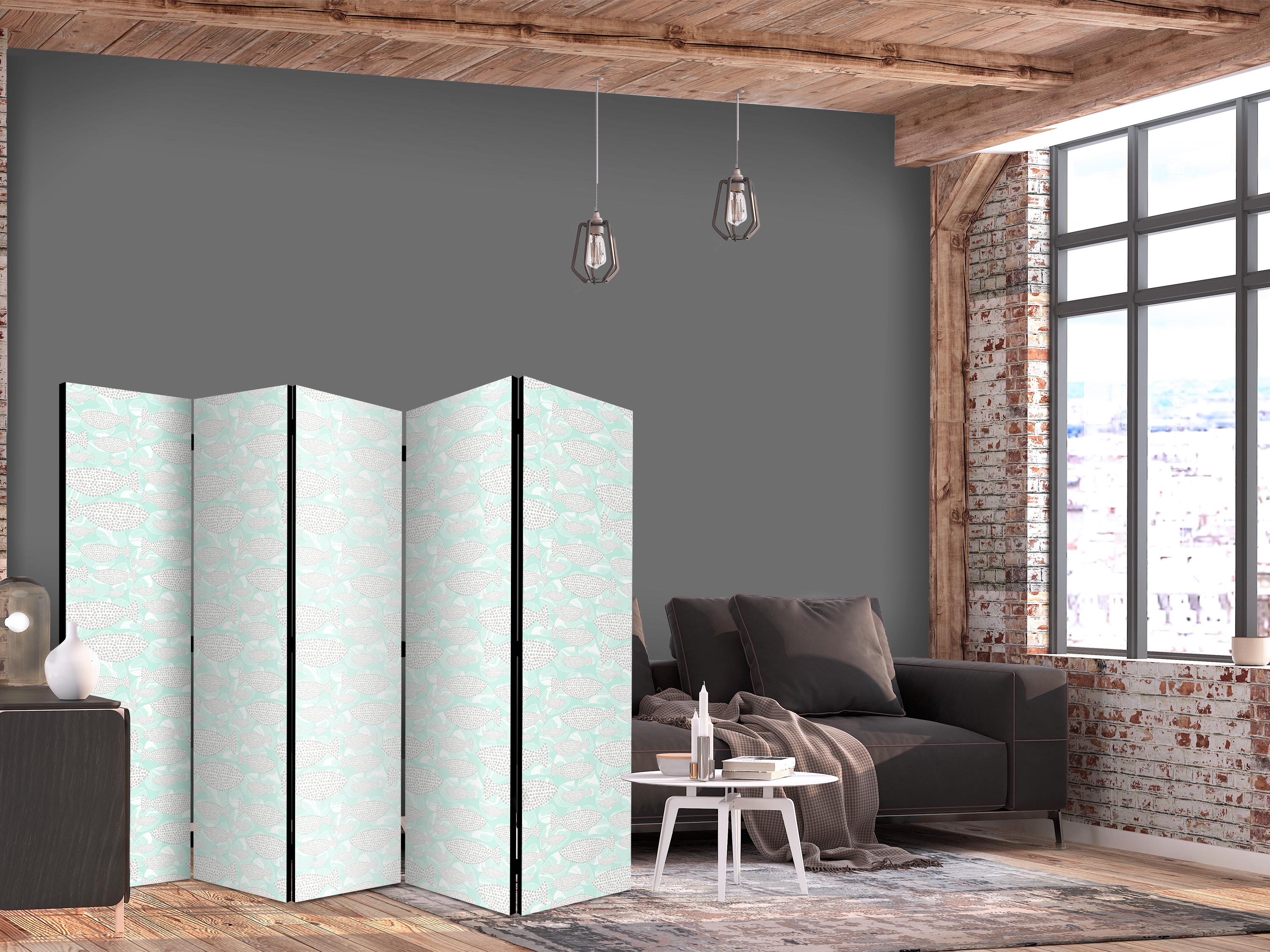 Room Divider: Minimalist Fish with Mint Green Pattern