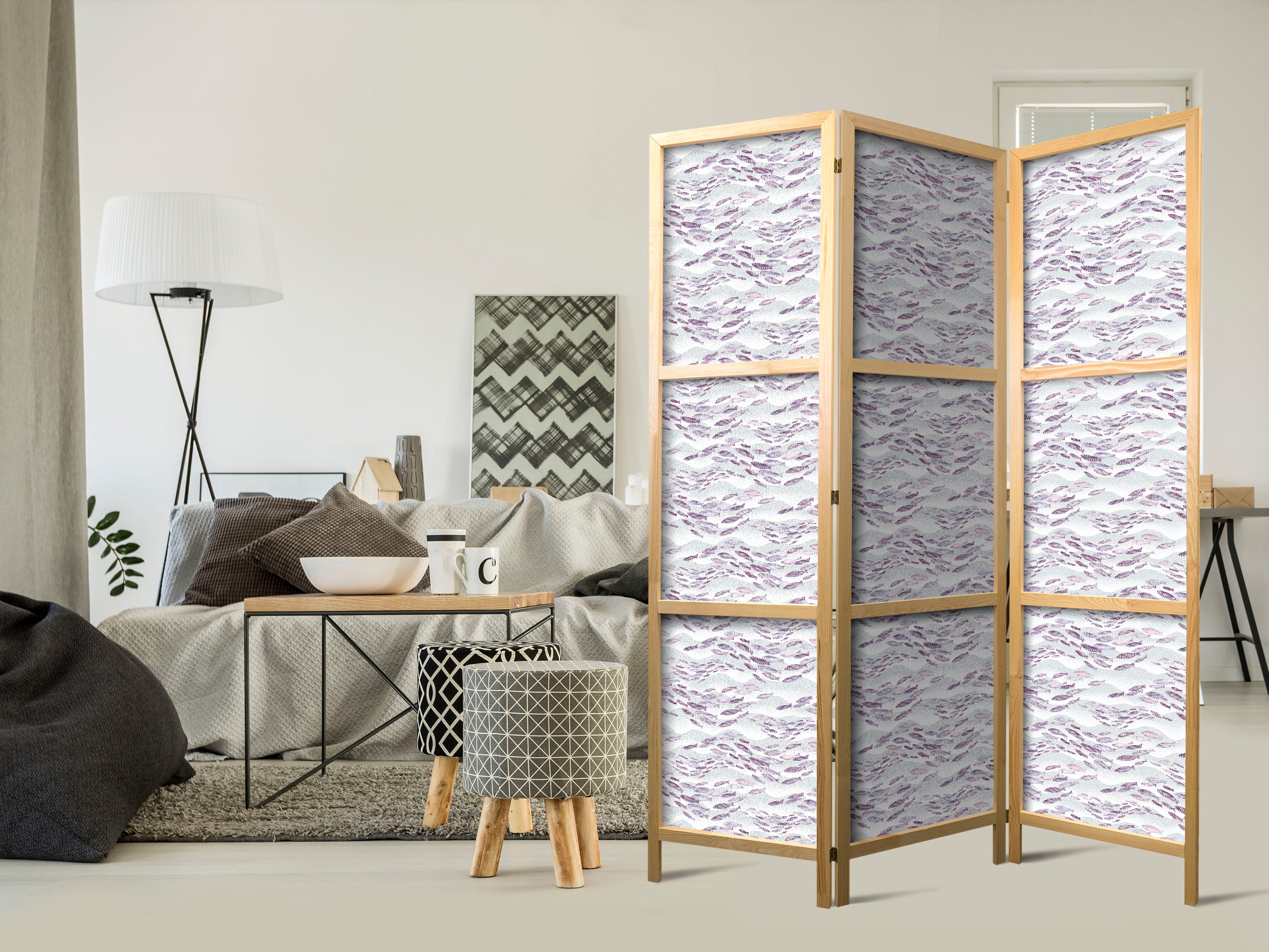 Japanese Room Divider with Fish in Muted Colors