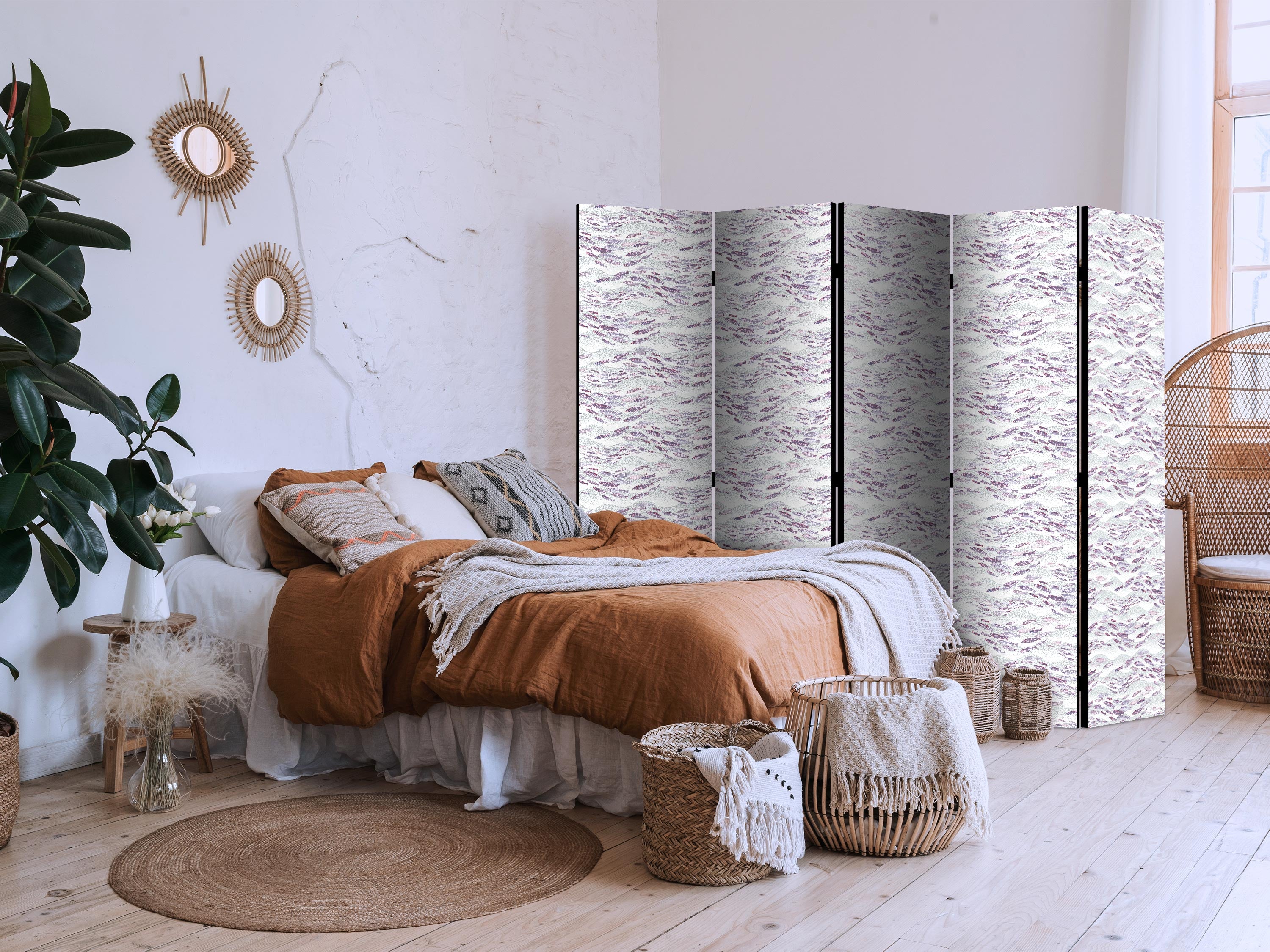 Room Divider with Fish Motif in Muted Purple and Pink