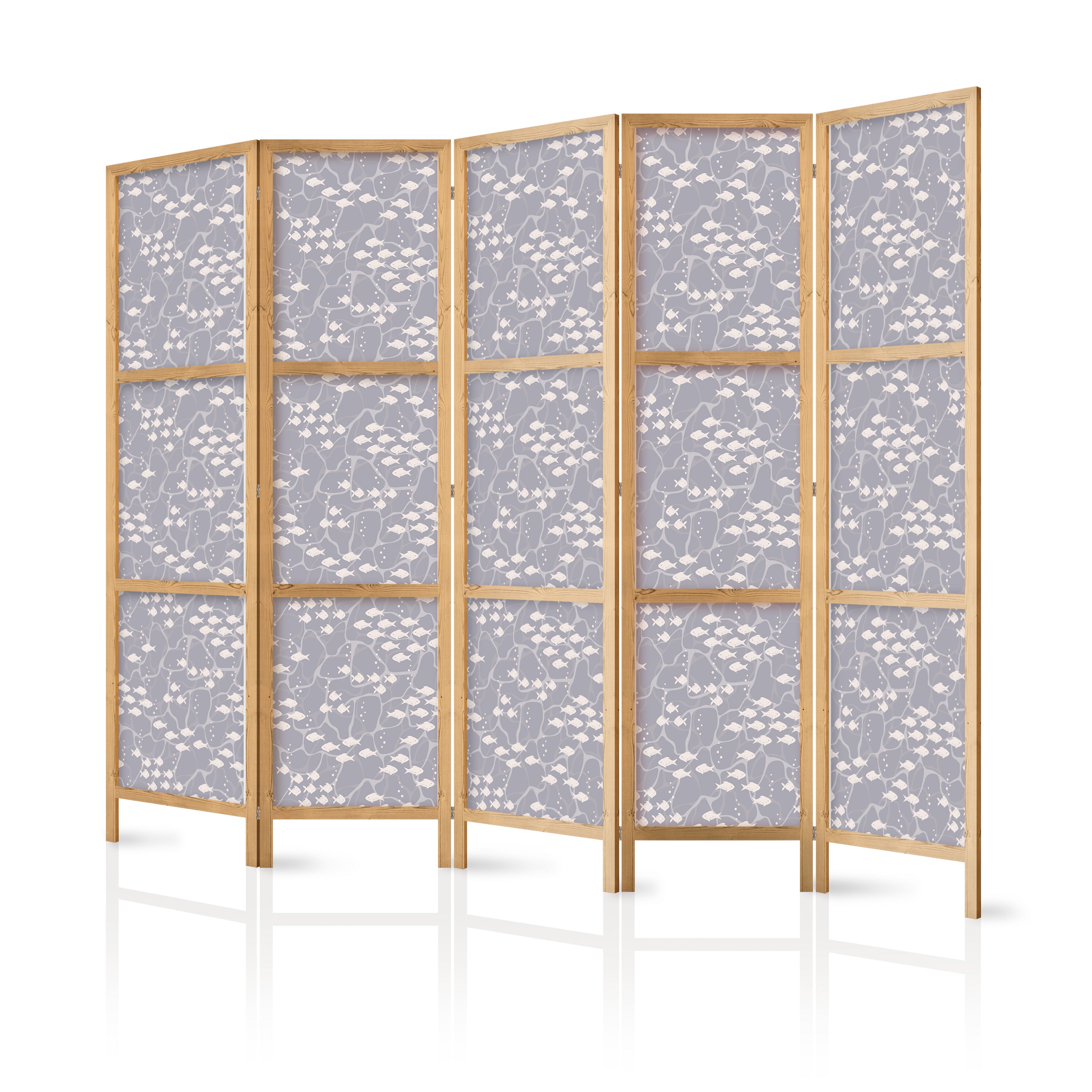 Japanese Room Divider with Underwater Fish Motif in Gray