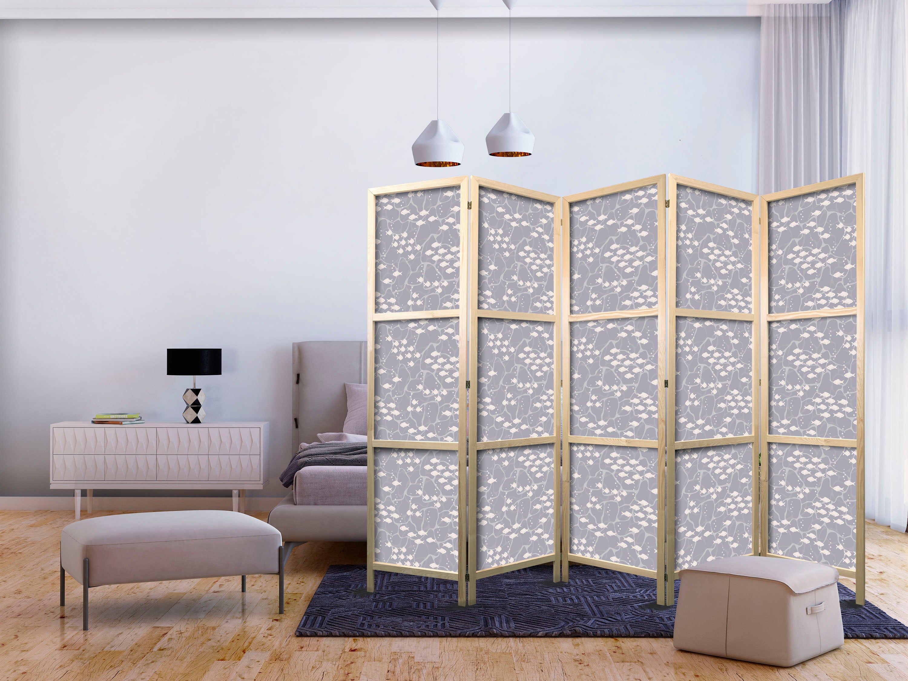 Japanese Room Divider with Underwater Fish Motif in Gray