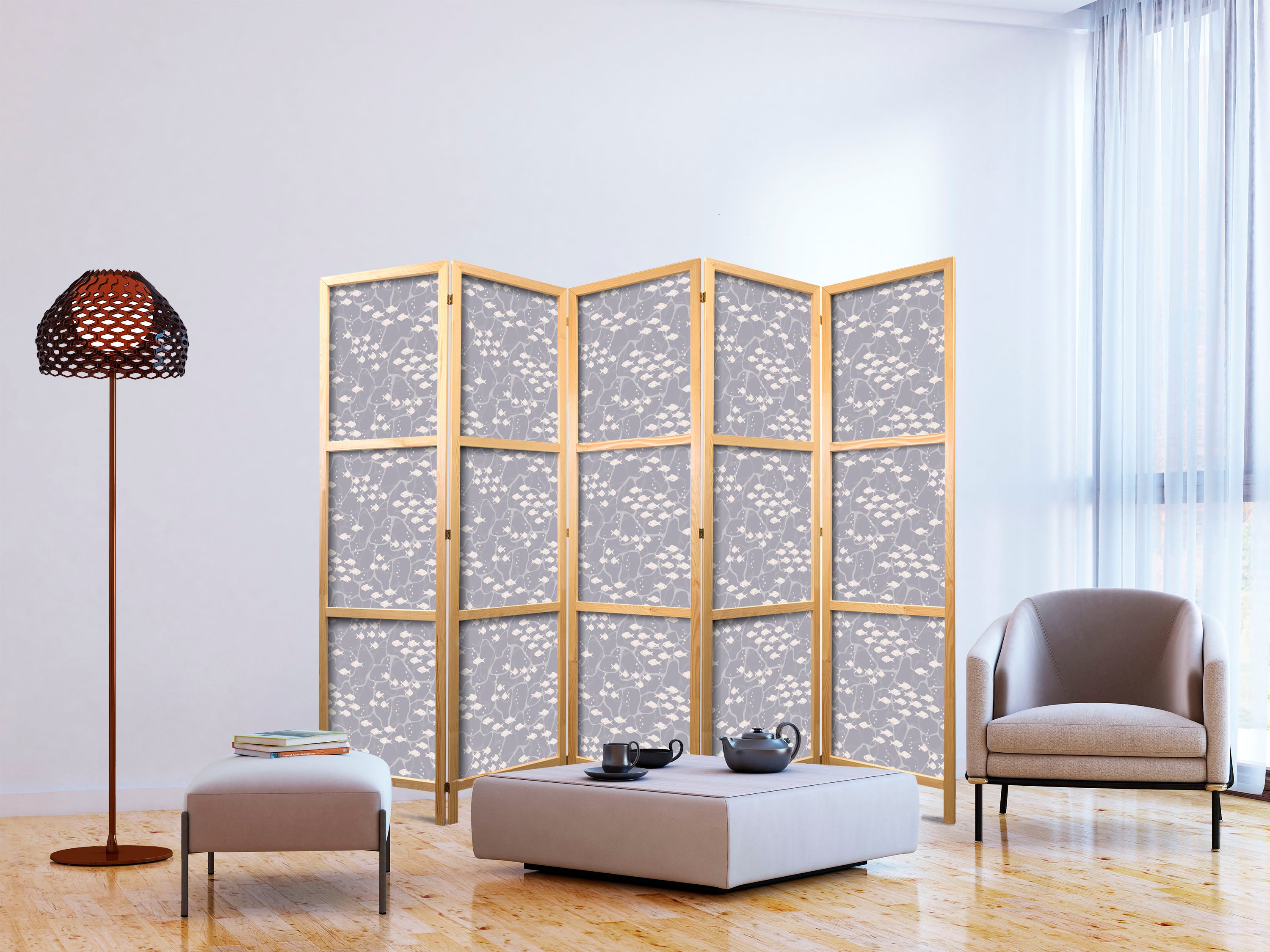Japanese Room Divider with Underwater Fish Motif in Gray