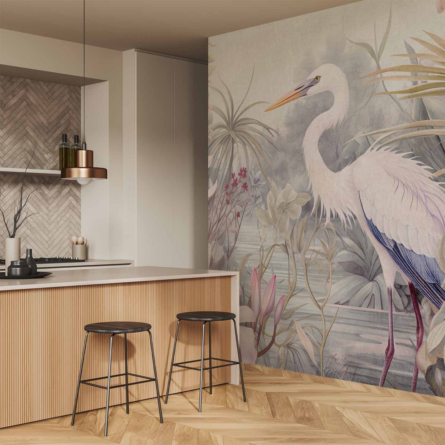 Bright Heron Pond Illustration Wall Mural