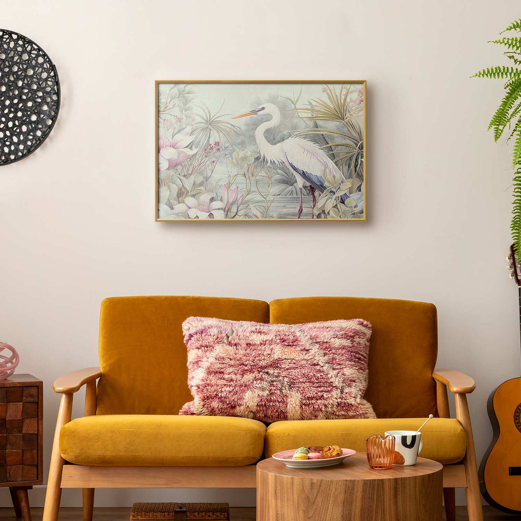 Heron Wading Pond Light Color Illustration Poster