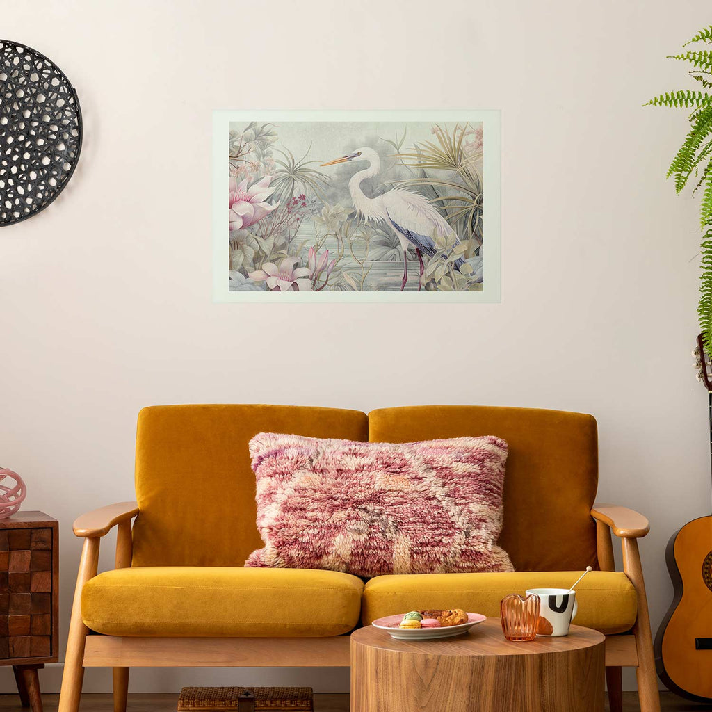 Heron Wading Pond Light Color Illustration Poster