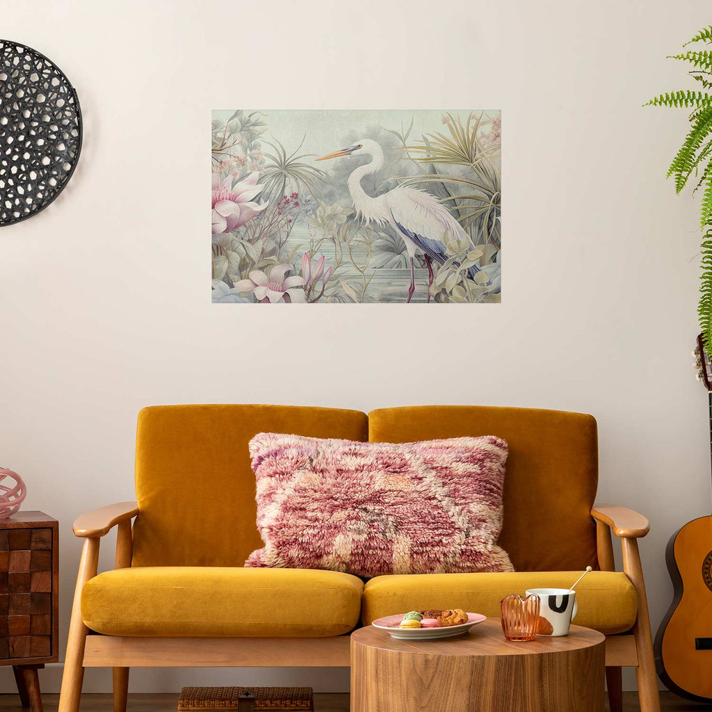 Heron Wading Pond Light Color Illustration Poster
