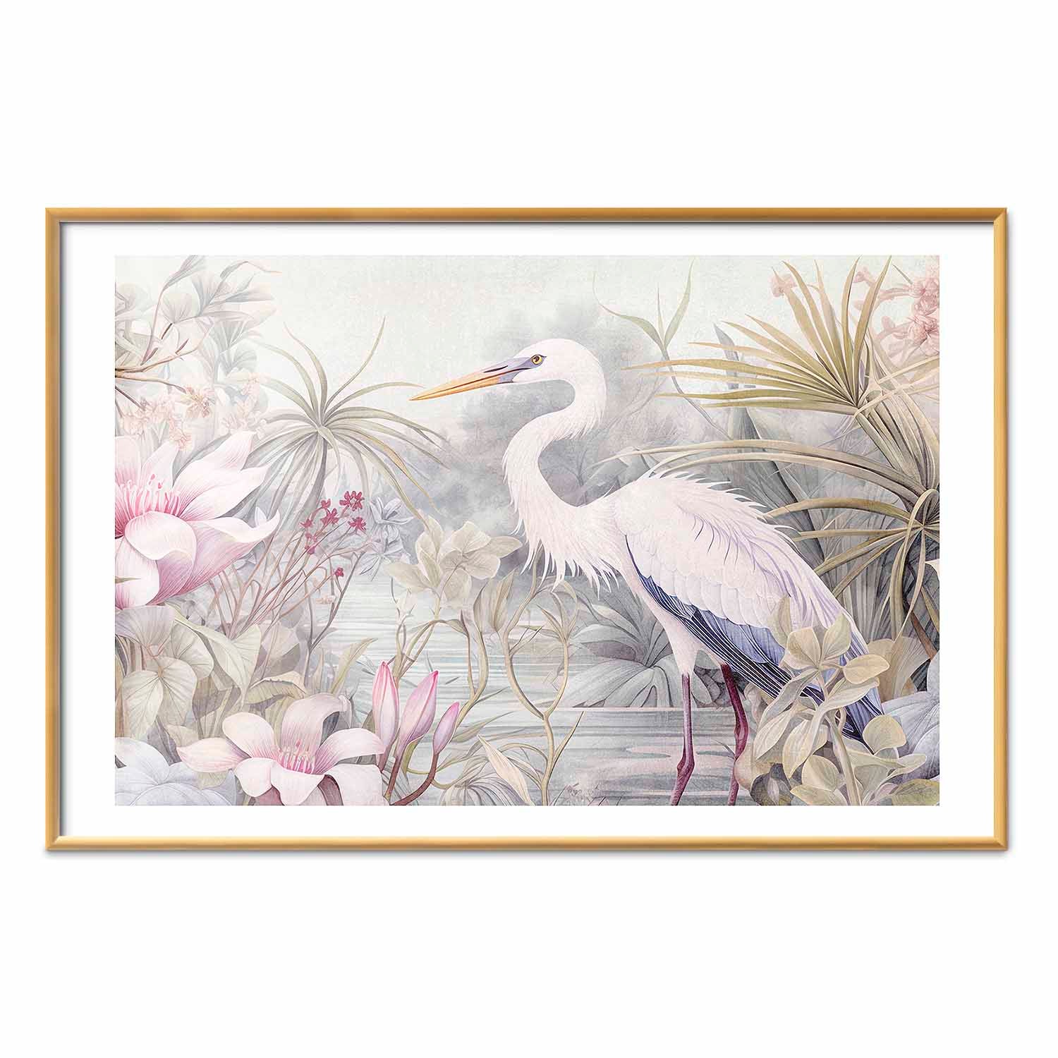 Heron Wading Pond Light Color Illustration Poster