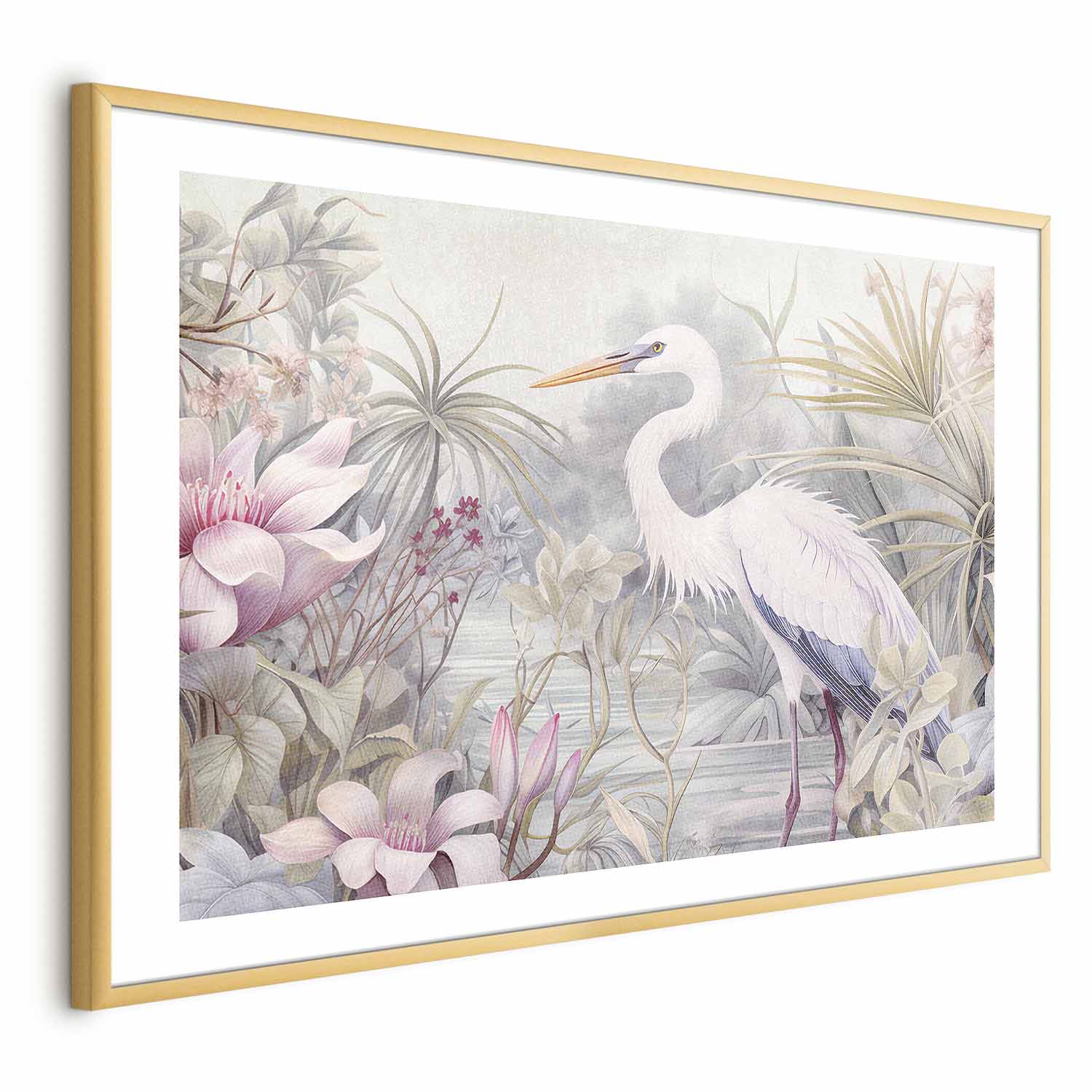 Heron Wading Pond Light Color Illustration Poster