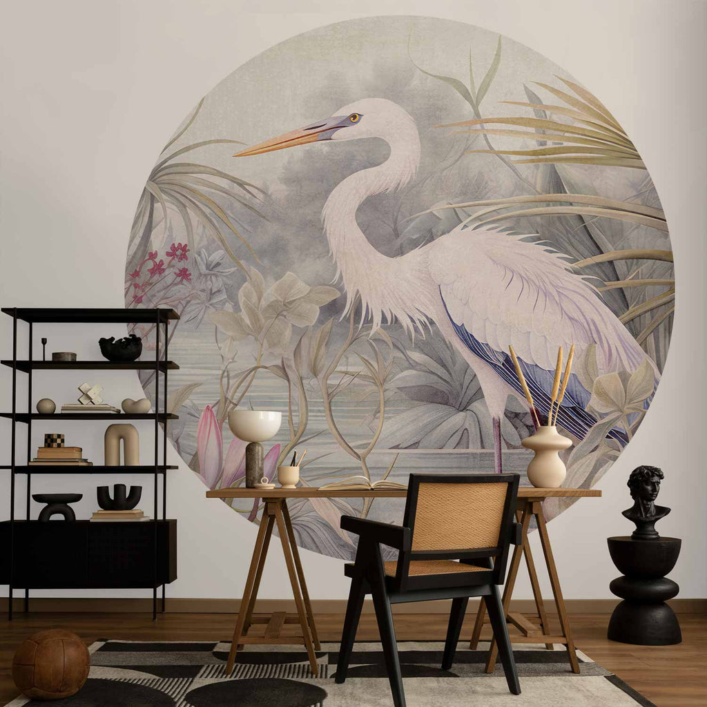 Bright Heron Pond Illustration Round Wall Mural