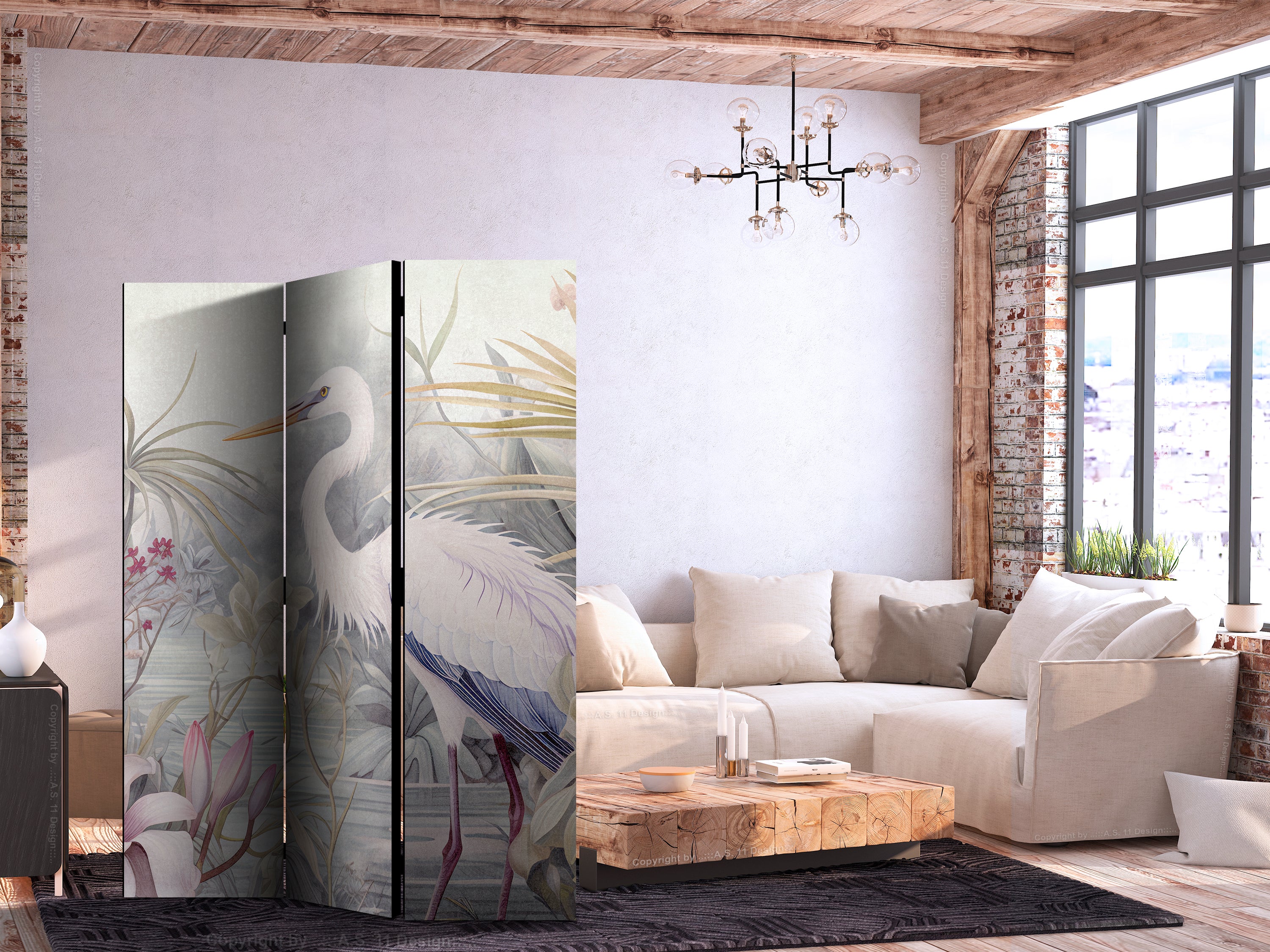 Heron Pond Illustration Multicolor 3-Panel Japanese Room Divider