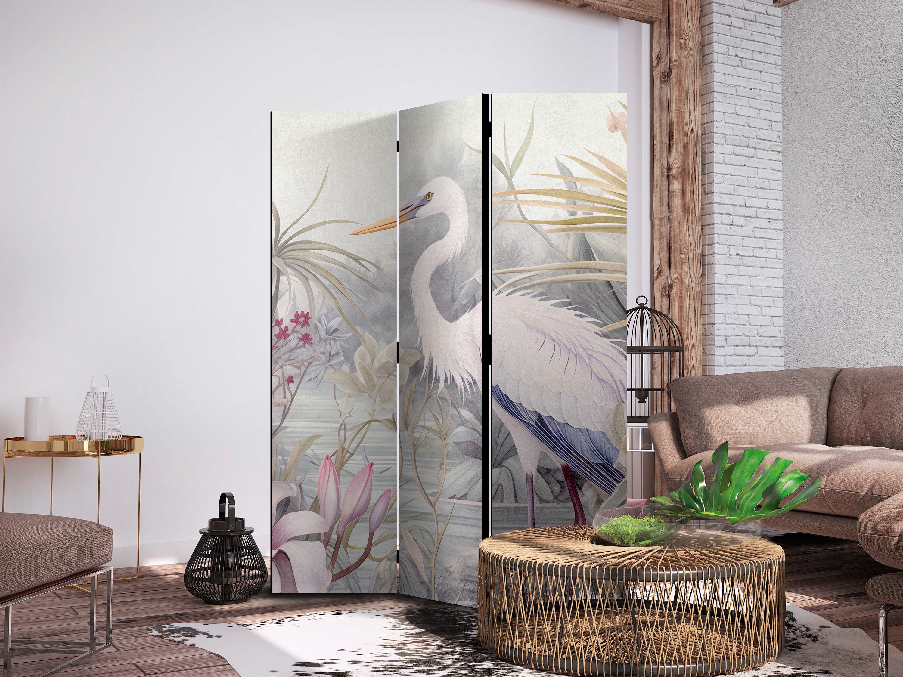 Heron Pond Illustration Multicolor 3-Panel Japanese Room Divider