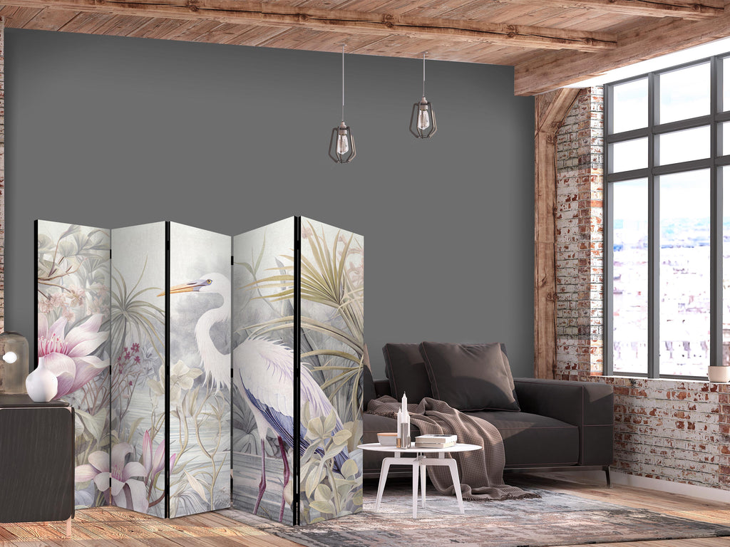 Heron Pond Illustration Multicolor 5-Panel Japanese Room Divider