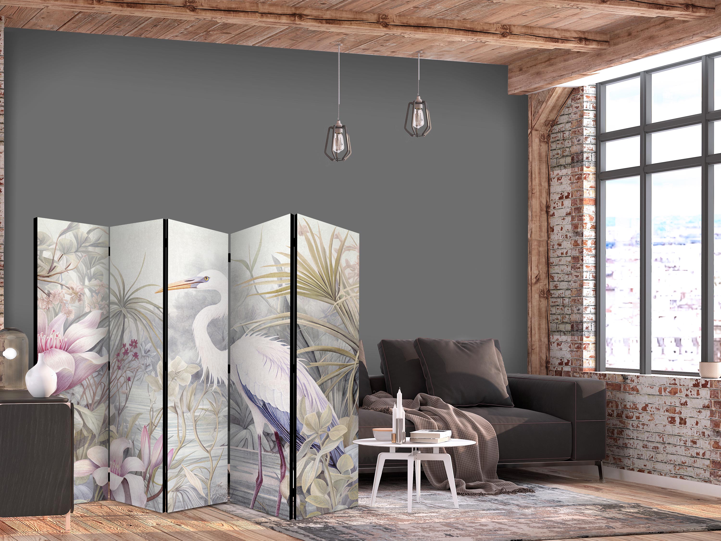 Heron Pond Illustration Multicolor 5-Panel Japanese Room Divider