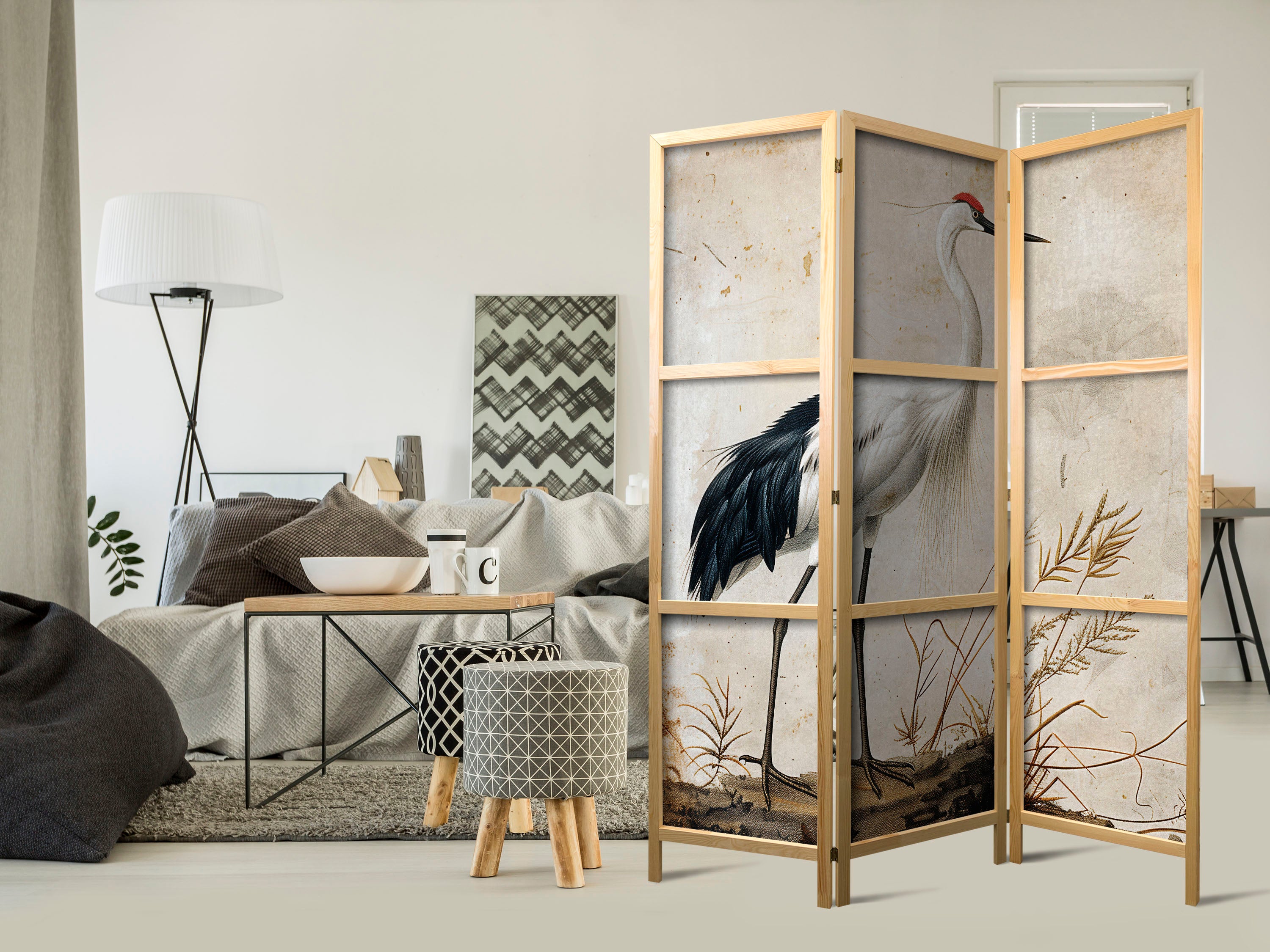 Heron and Crane Vintage 3-Panel Japanese Room Divider