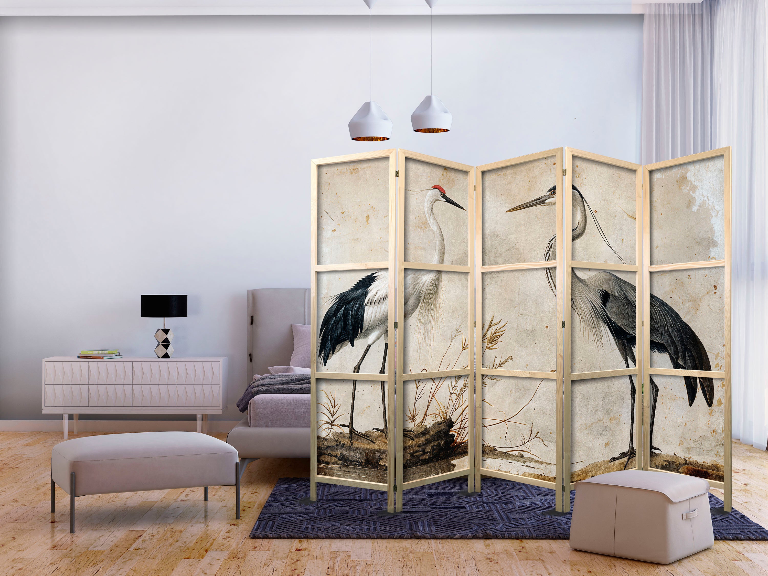 Heron and Crane Vintage 5-Panel Japanese Room Divider
