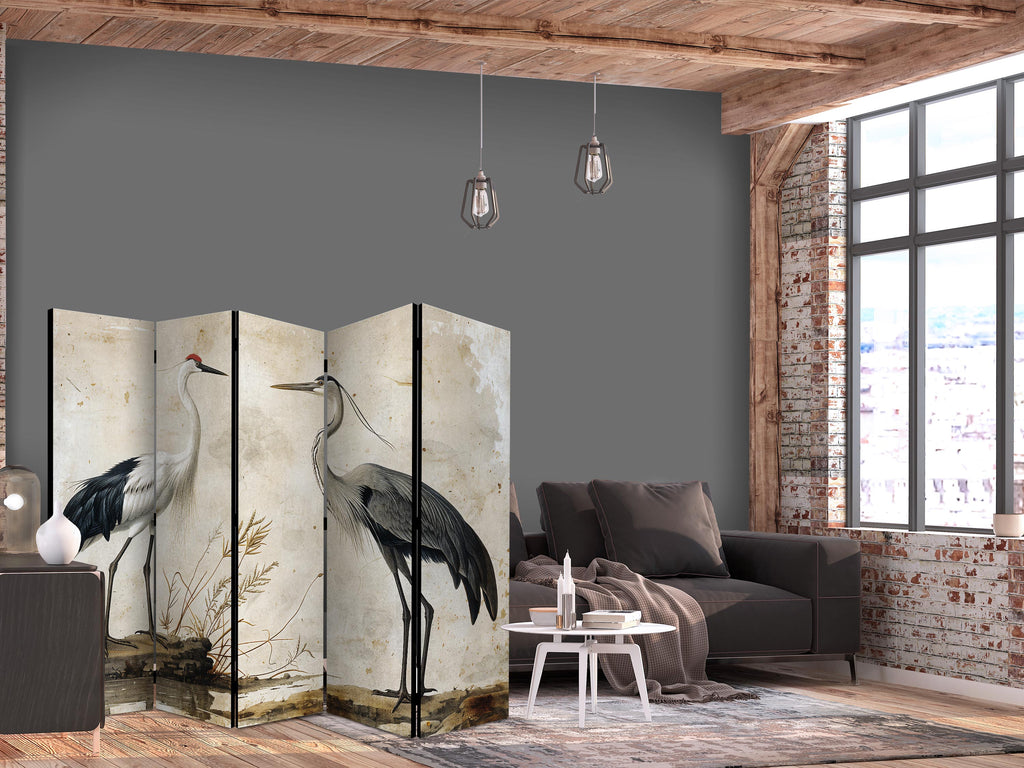 Vintage Heron and Crane 5-Panel Japanese Room Divider