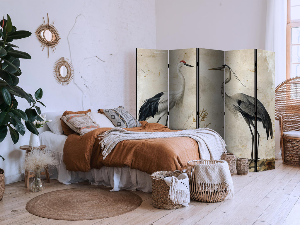Vintage Heron and Crane 5-Panel Japanese Room Divider