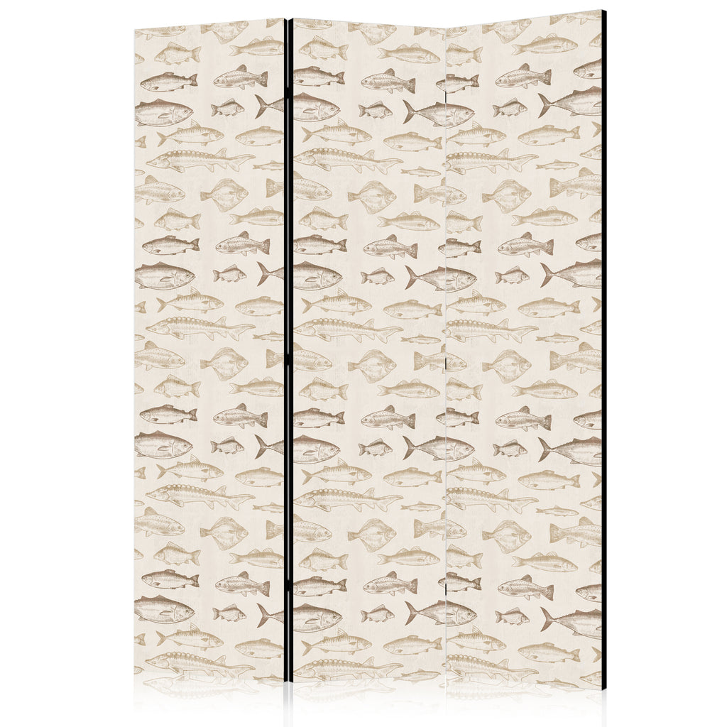 Room Divider with Beige Fish Motif - Vintage Style (3-Panel)