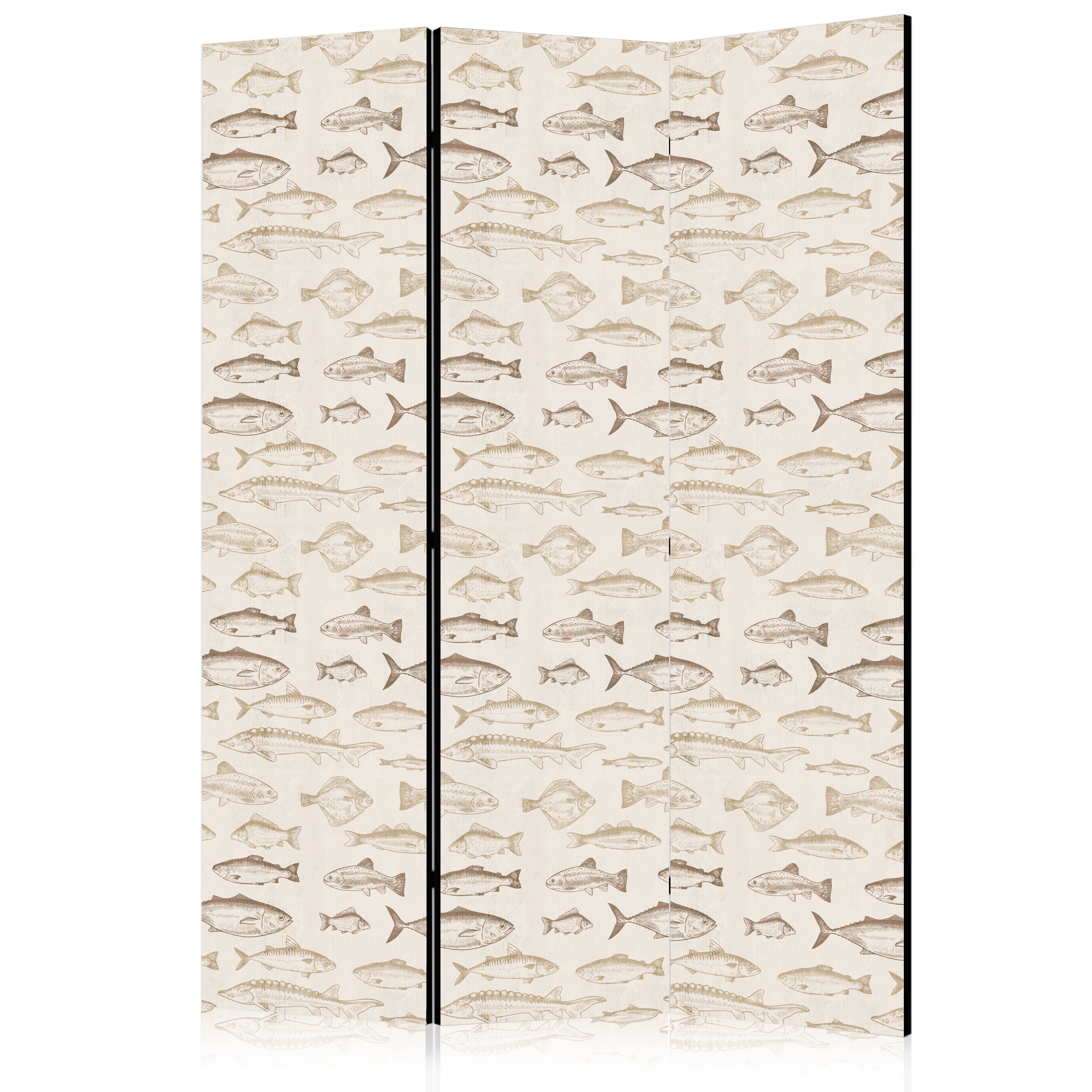 Room Divider with Beige Fish Motif - Vintage Style (3-Panel)