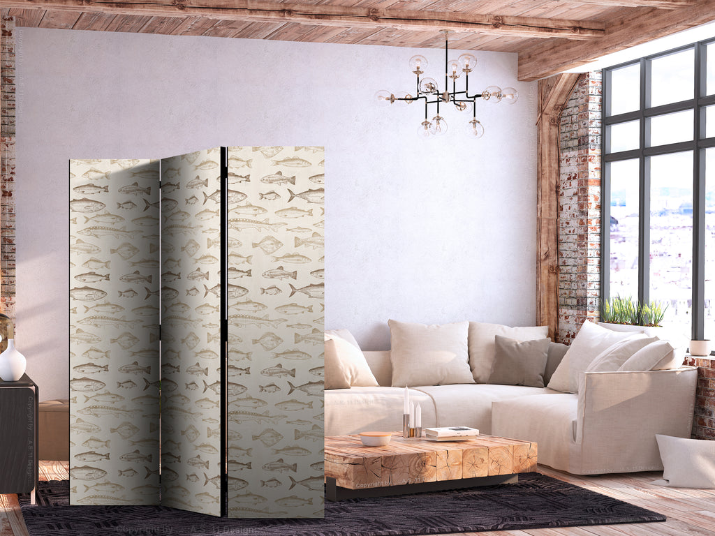 Room Divider with Beige Fish Motif - Vintage Style (3-Panel)