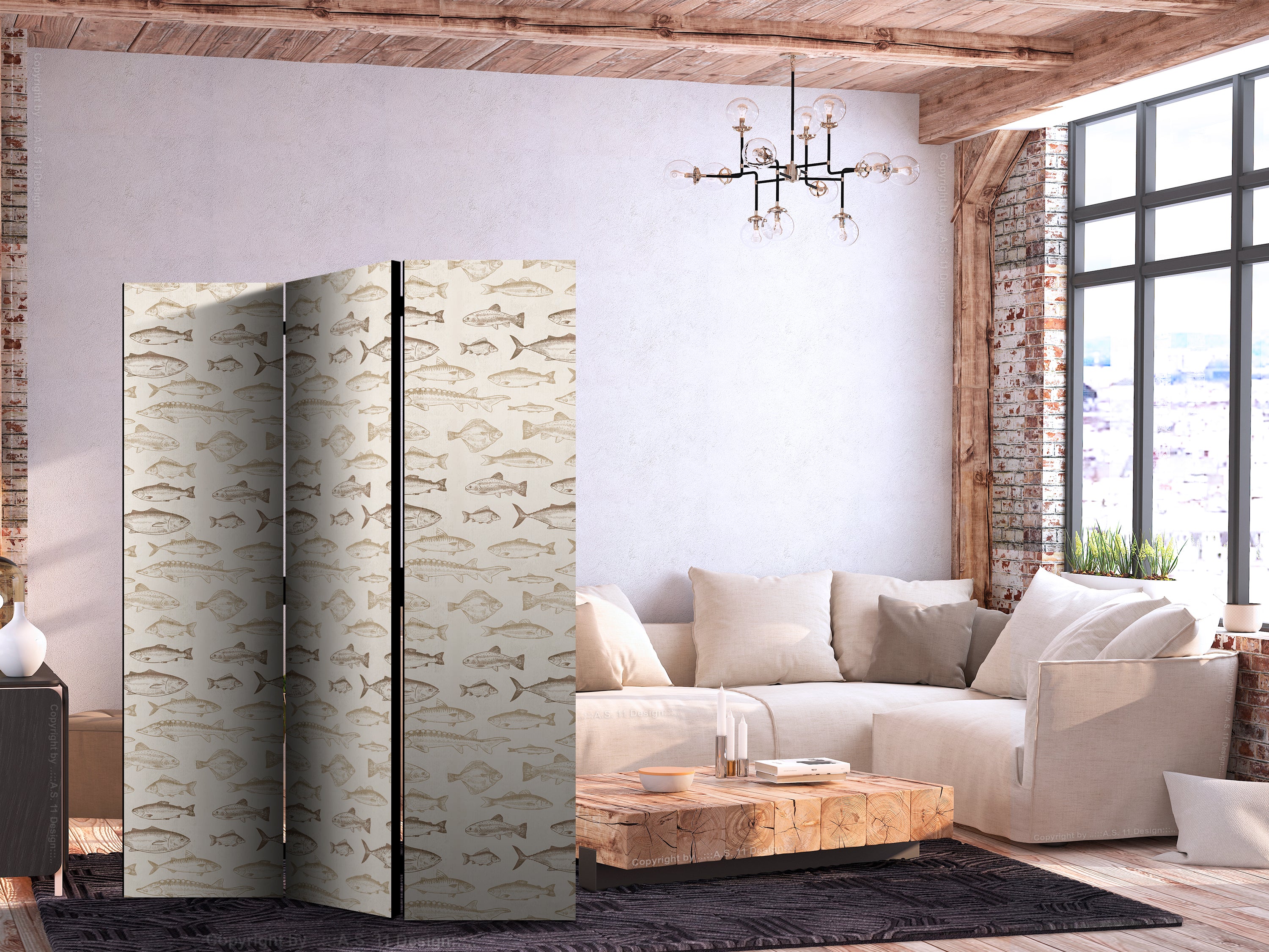 Room Divider with Beige Fish Motif - Vintage Style (3-Panel)