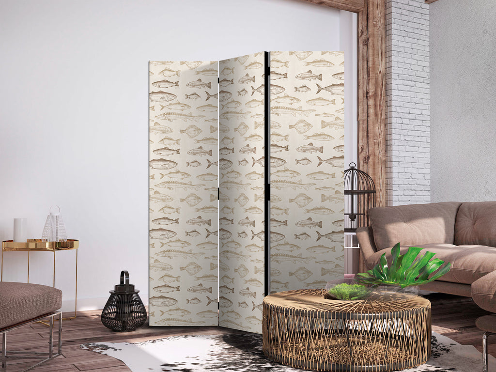 Room Divider with Beige Fish Motif - Vintage Style (3-Panel)