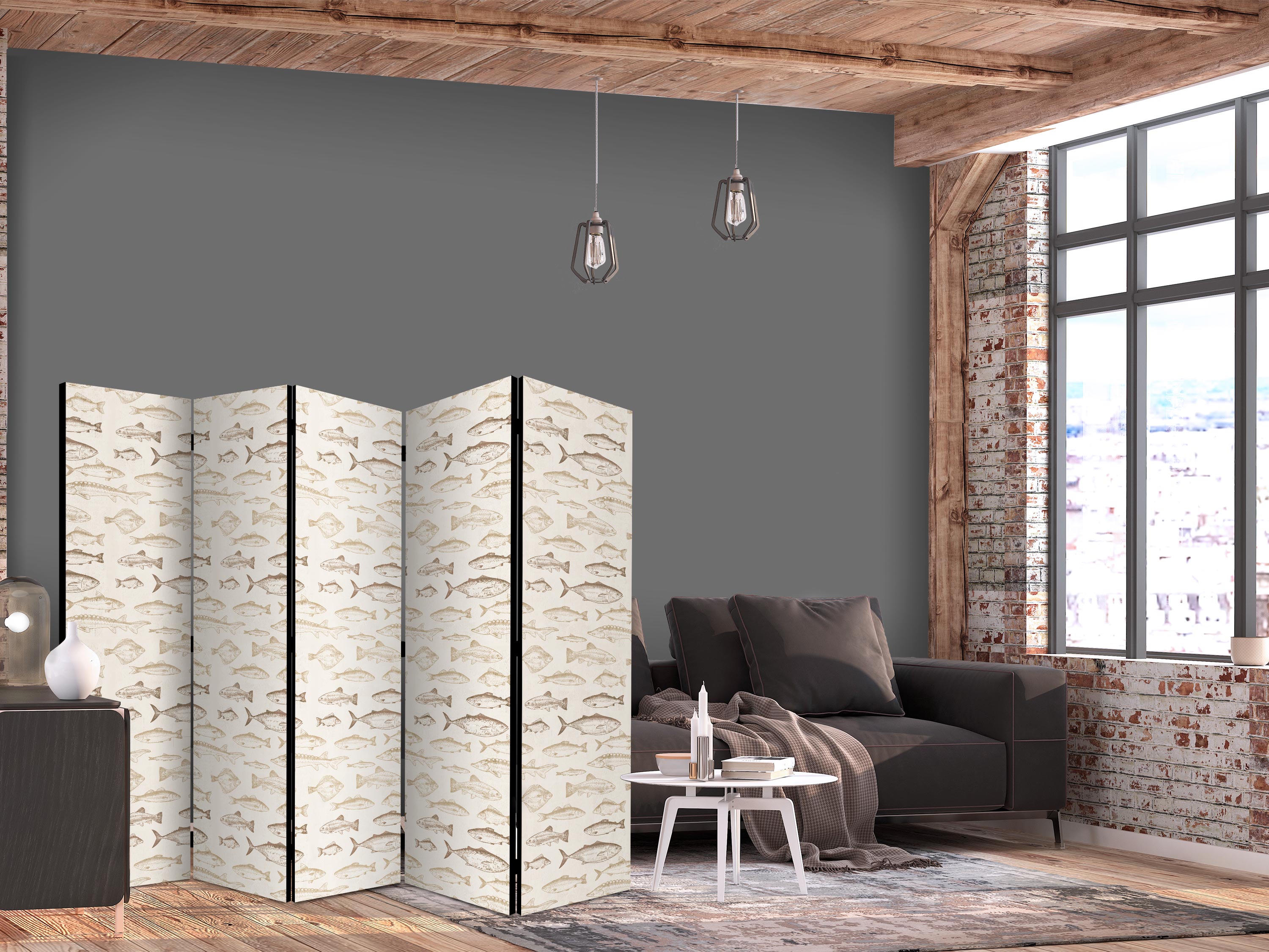 Room Divider with Fish Motif in Beige Tones