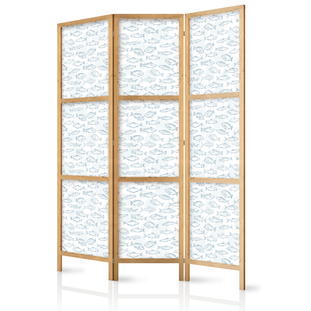 Japanese Room Divider - Blue Fish on White-Blue Background