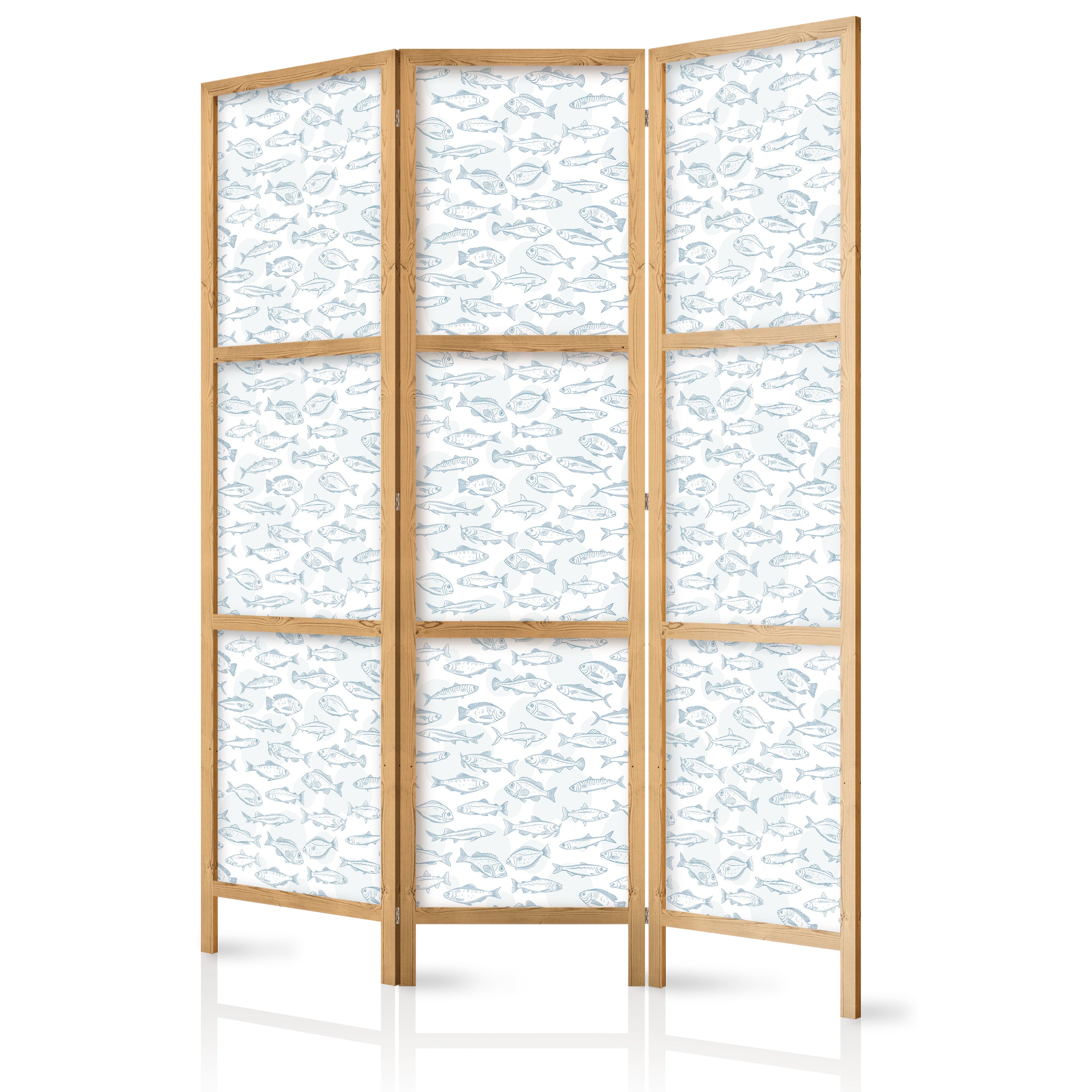 Japanese Room Divider - Blue Fish on White-Blue Background