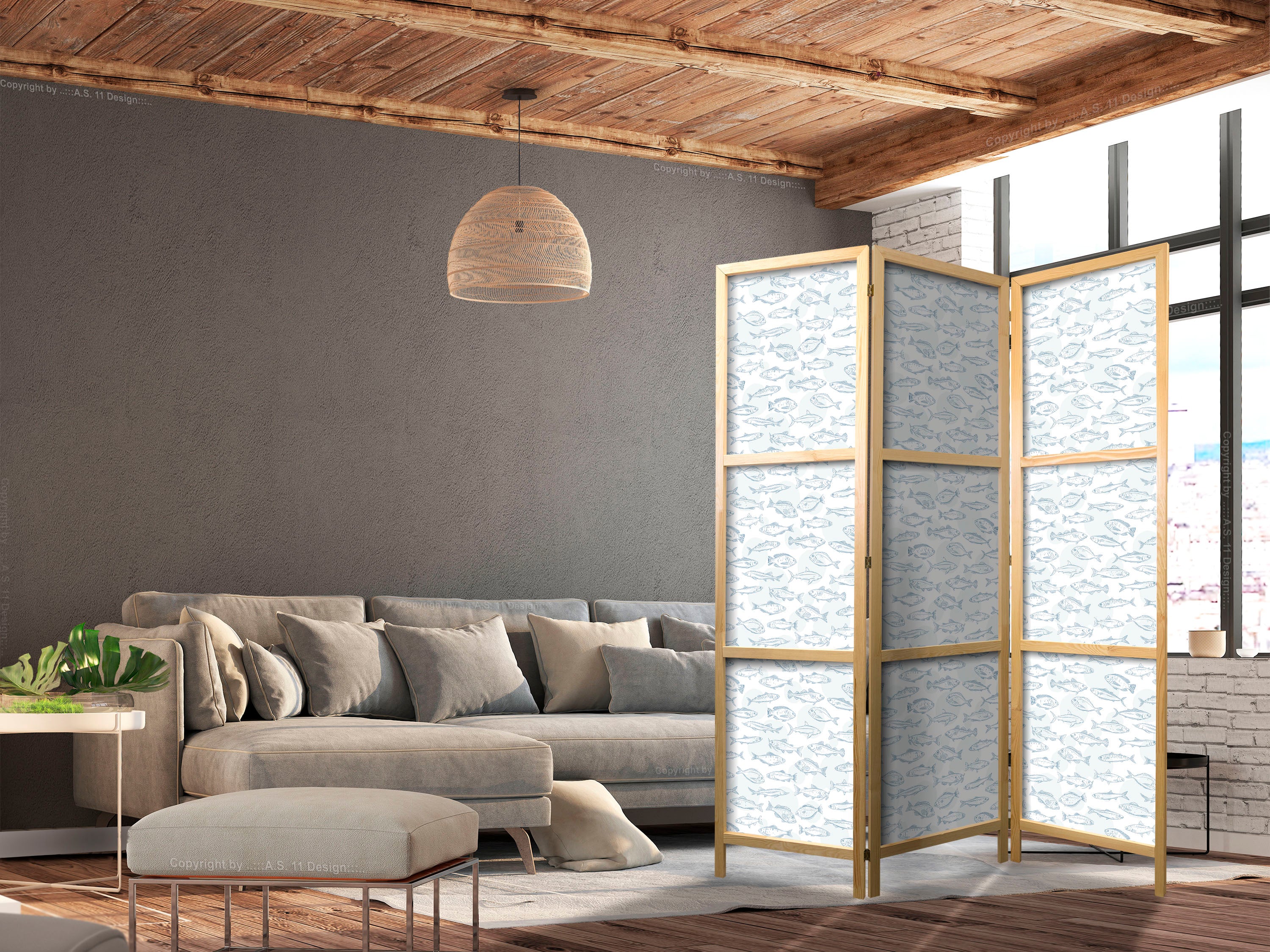 Japanese Room Divider - Blue Fish on White-Blue Background