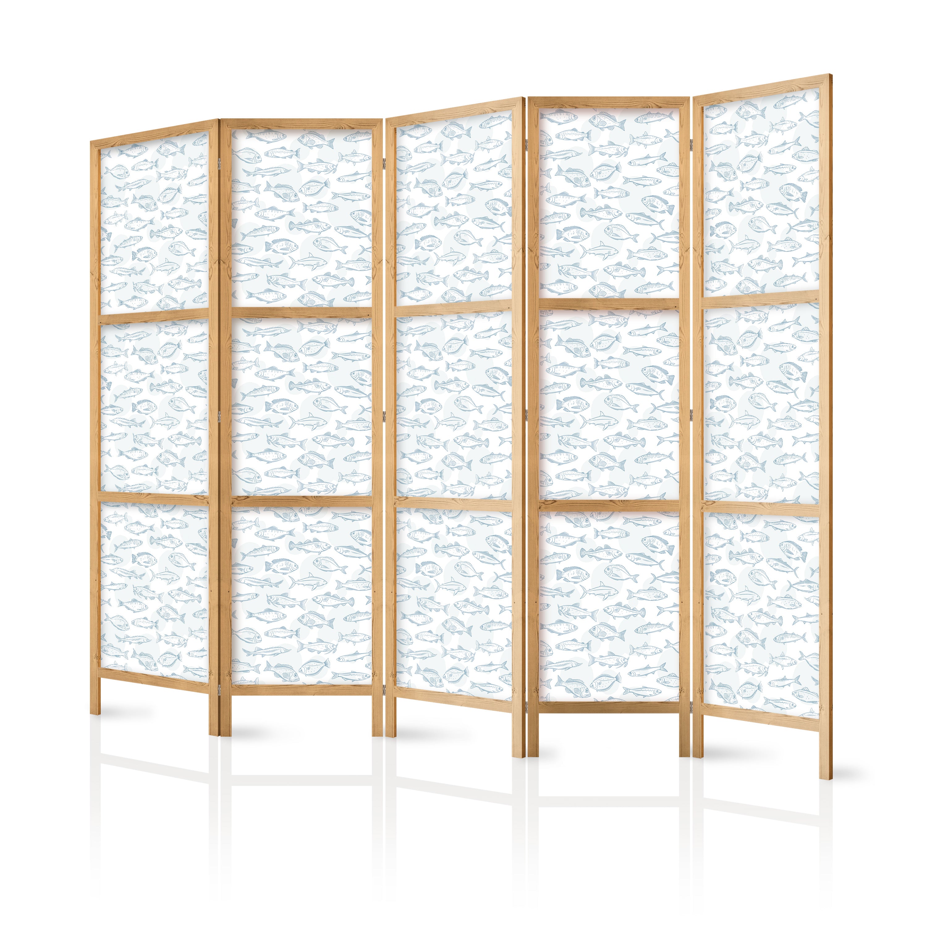 Japanese Room Divider - Blue Fish motif, 5-panel screen