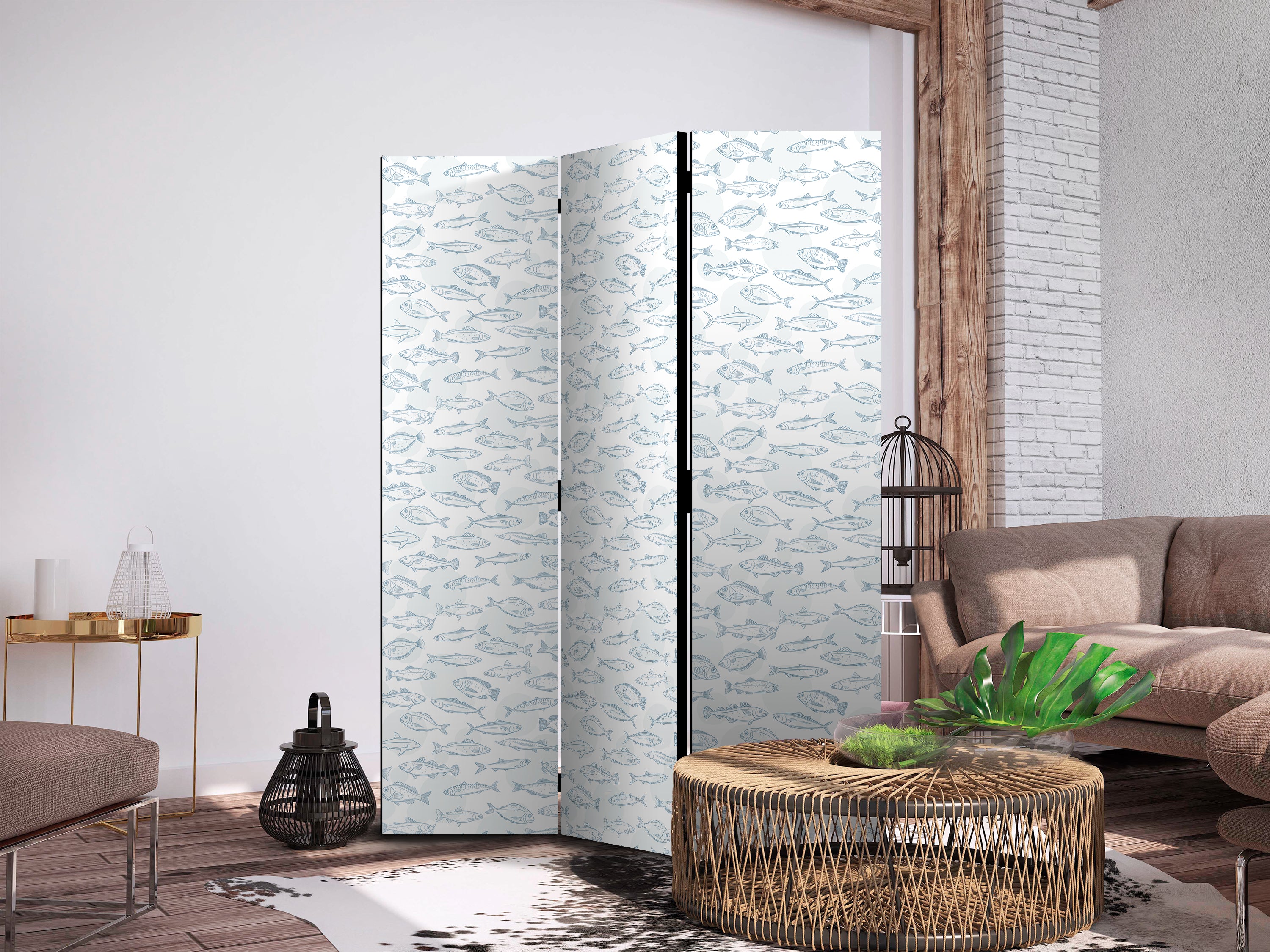 Room Divider - Blue Fish on White-Blue Backdrop