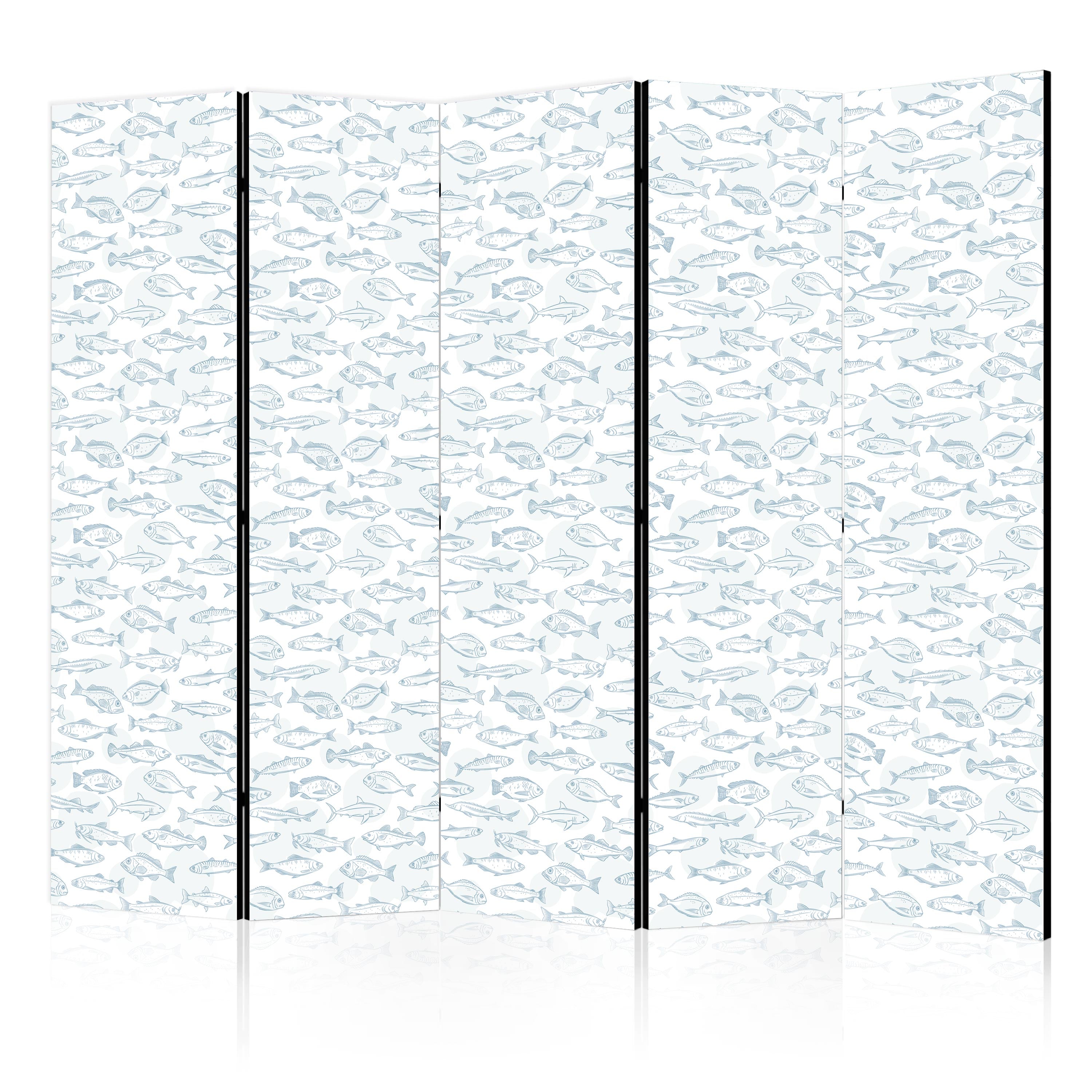 Room Divider - Blue Fish Pattern, 5-Panel