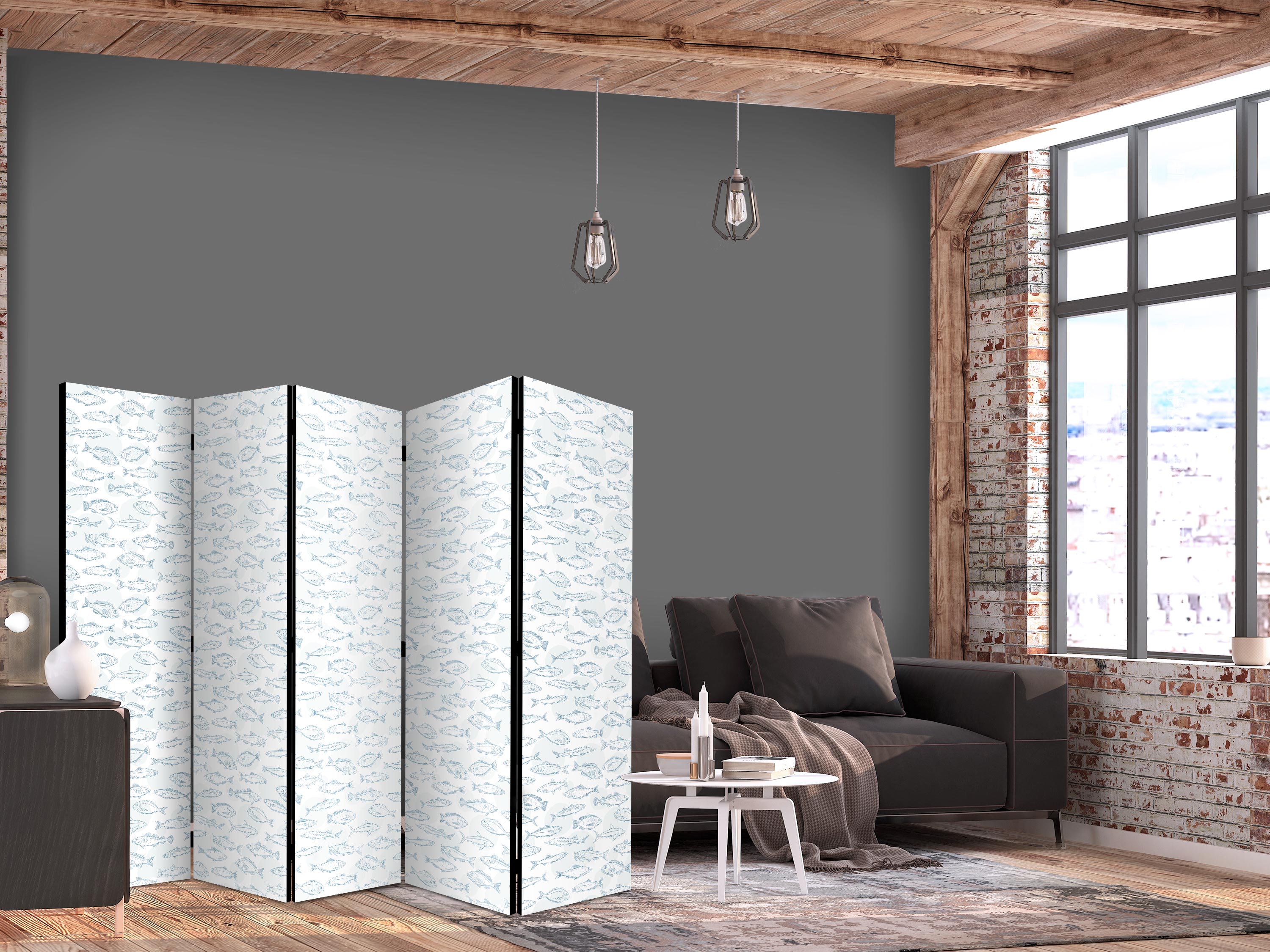 Room Divider - Blue Fish Pattern, 5-Panel