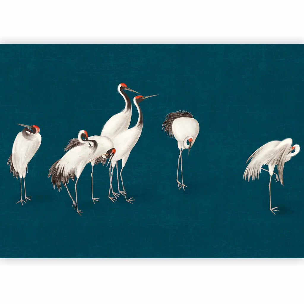 Cranes on Dark Turquoise Oriental Wall Mural