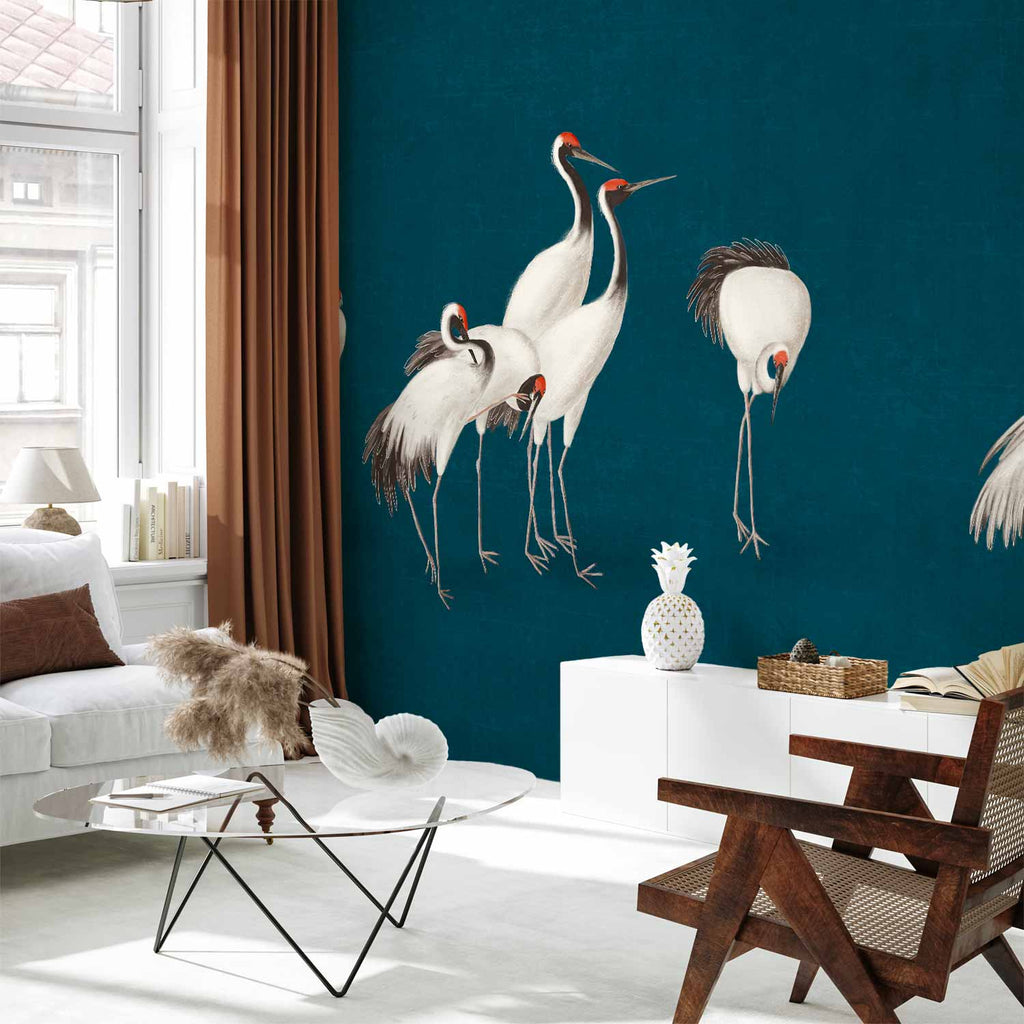 Cranes on Dark Turquoise Oriental Wall Mural