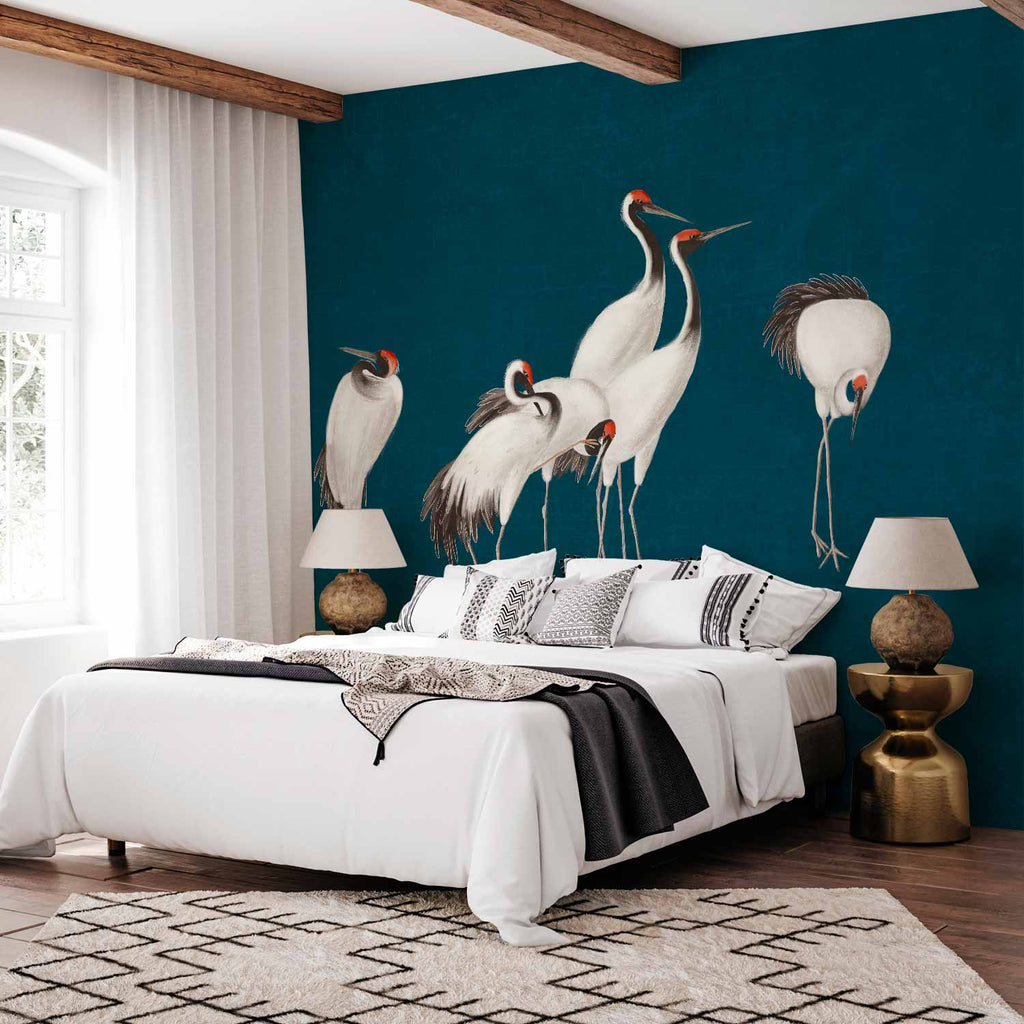 Cranes on Dark Turquoise Oriental Wall Mural