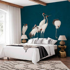 Cranes on Dark Turquoise Oriental Wall Mural